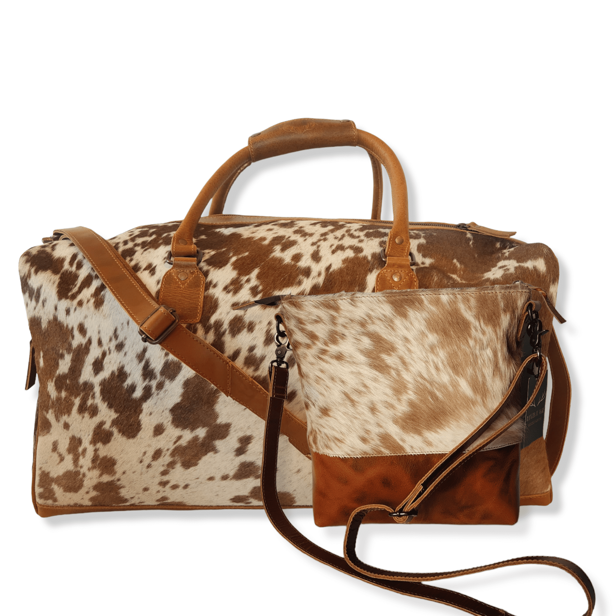 Bundle Deal -The Highlands Large Genuine Cowhide Weekender Duffel Saddle+ Crossbody Purse Saddle - Ranch Junkie Mercantile LLC