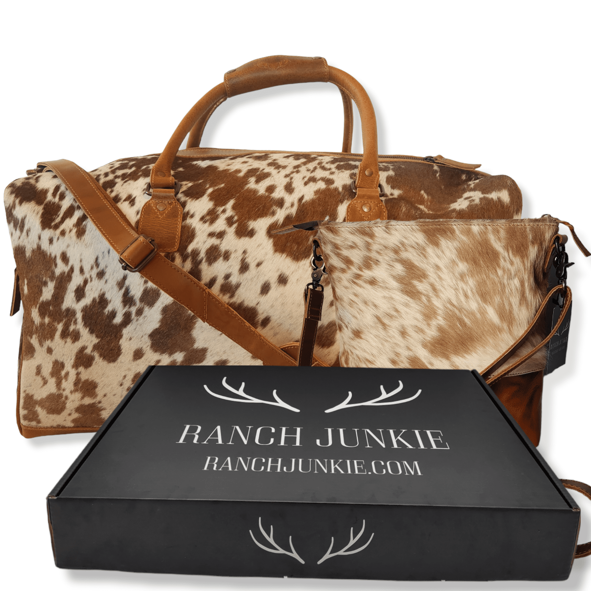 Bundle Deal -The Highlands Large Genuine Cowhide Weekender Duffel Saddle+ Crossbody Purse Saddle - Ranch Junkie Mercantile LLC