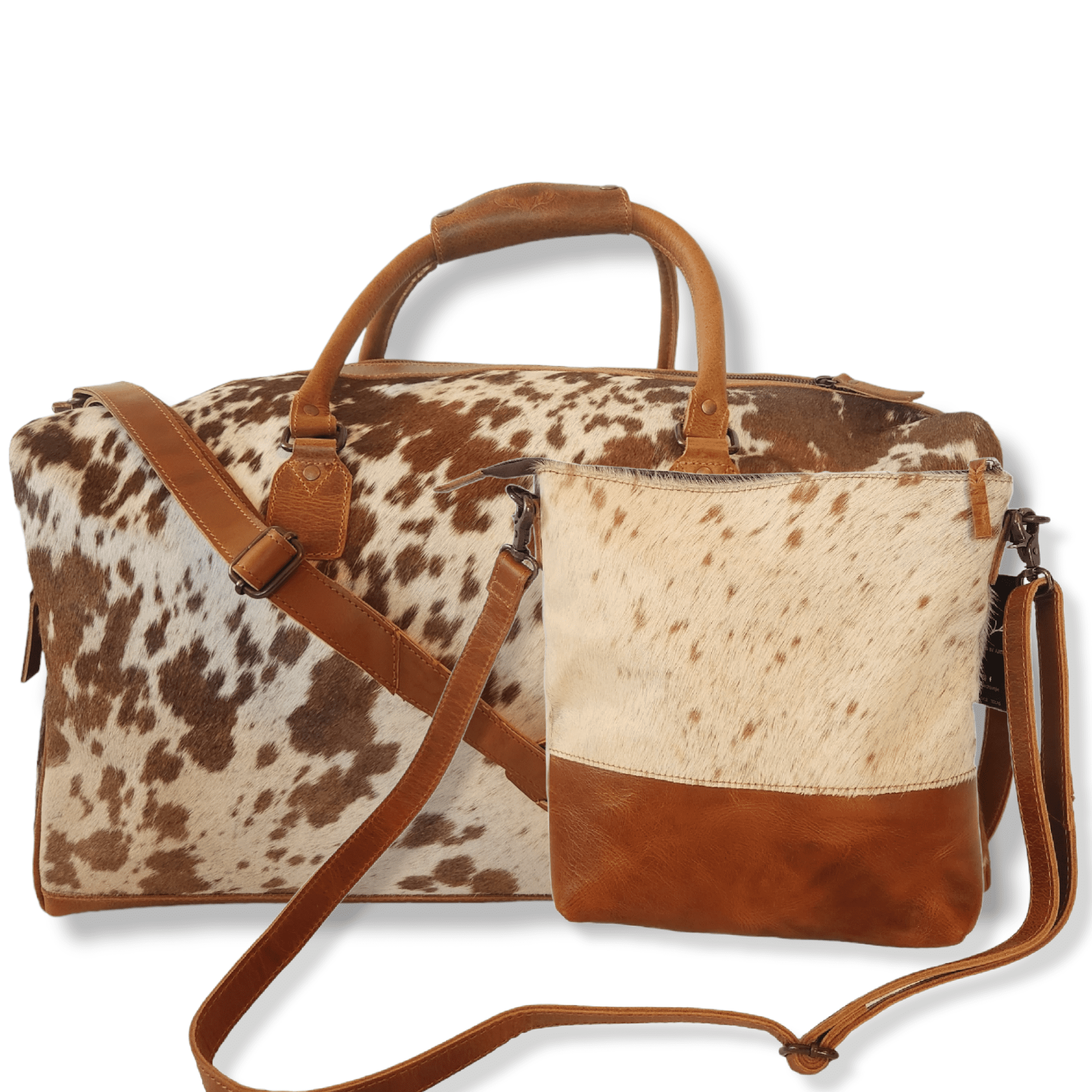 Bundle Deal -The Highlands Large Genuine Cowhide Weekender Duffel Saddle+ Crossbody Purse Saddle - Ranch Junkie Mercantile LLC