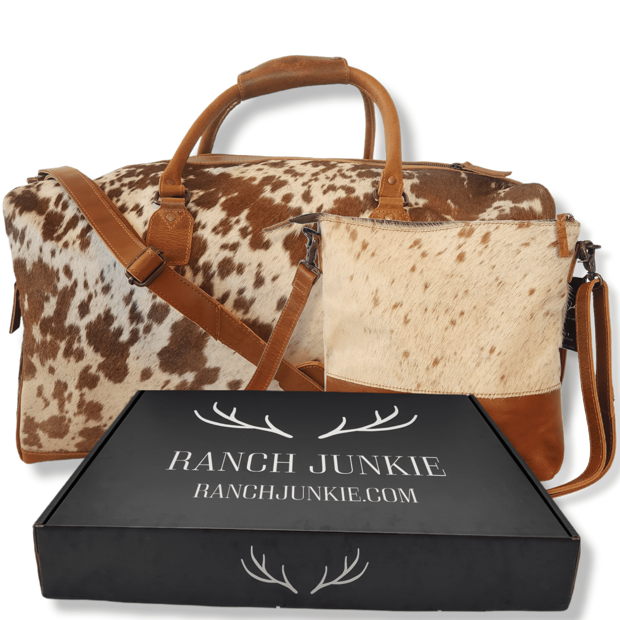 Bundle Deal -The Highlands Large Genuine Cowhide Weekender Duffel Saddle+ Crossbody Purse Saddle - Ranch Junkie Mercantile LLC