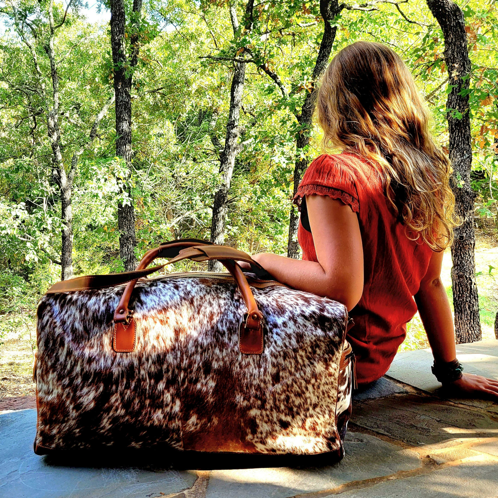 Bundle Deal -The Highlands Large Genuine Cowhide Weekender Duffel Saddle+ Crossbody Purse Saddle - Ranch Junkie Mercantile LLC