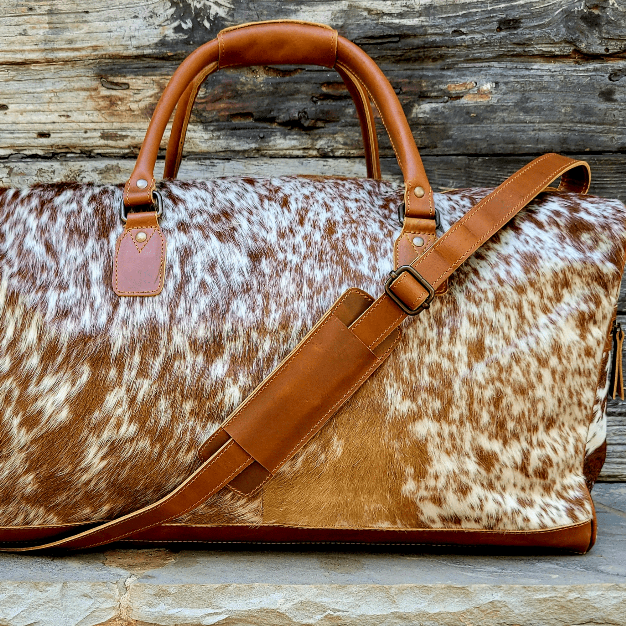 Bundle Deal -The Highlands Large Genuine Cowhide Weekender Duffel Saddle+ Crossbody Canteen Saddle - Ranch Junkie Mercantile LLC