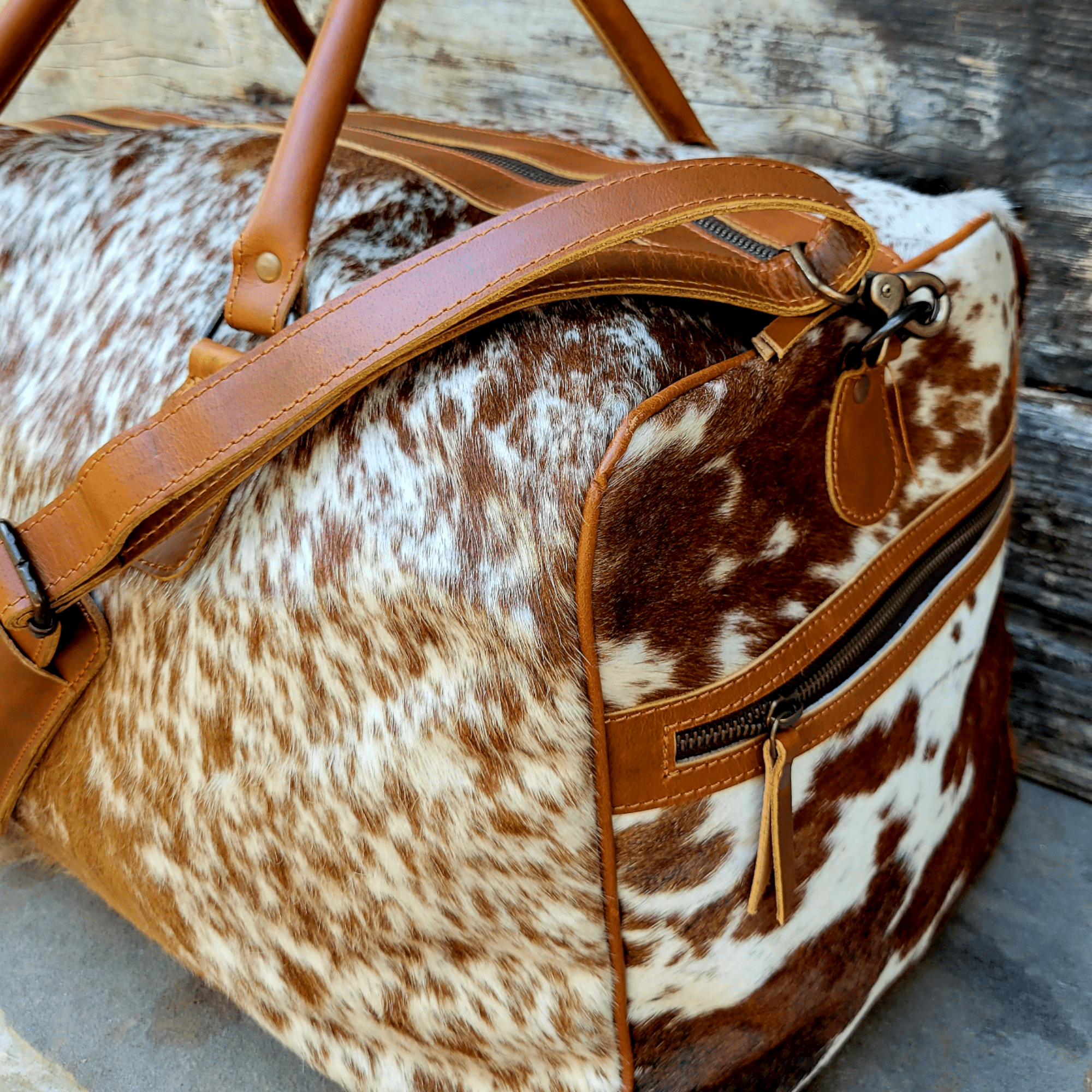 Bundle Deal -The Highlands Large Genuine Cowhide Weekender Duffel Saddle+ Crossbody Canteen Saddle - Ranch Junkie Mercantile LLC