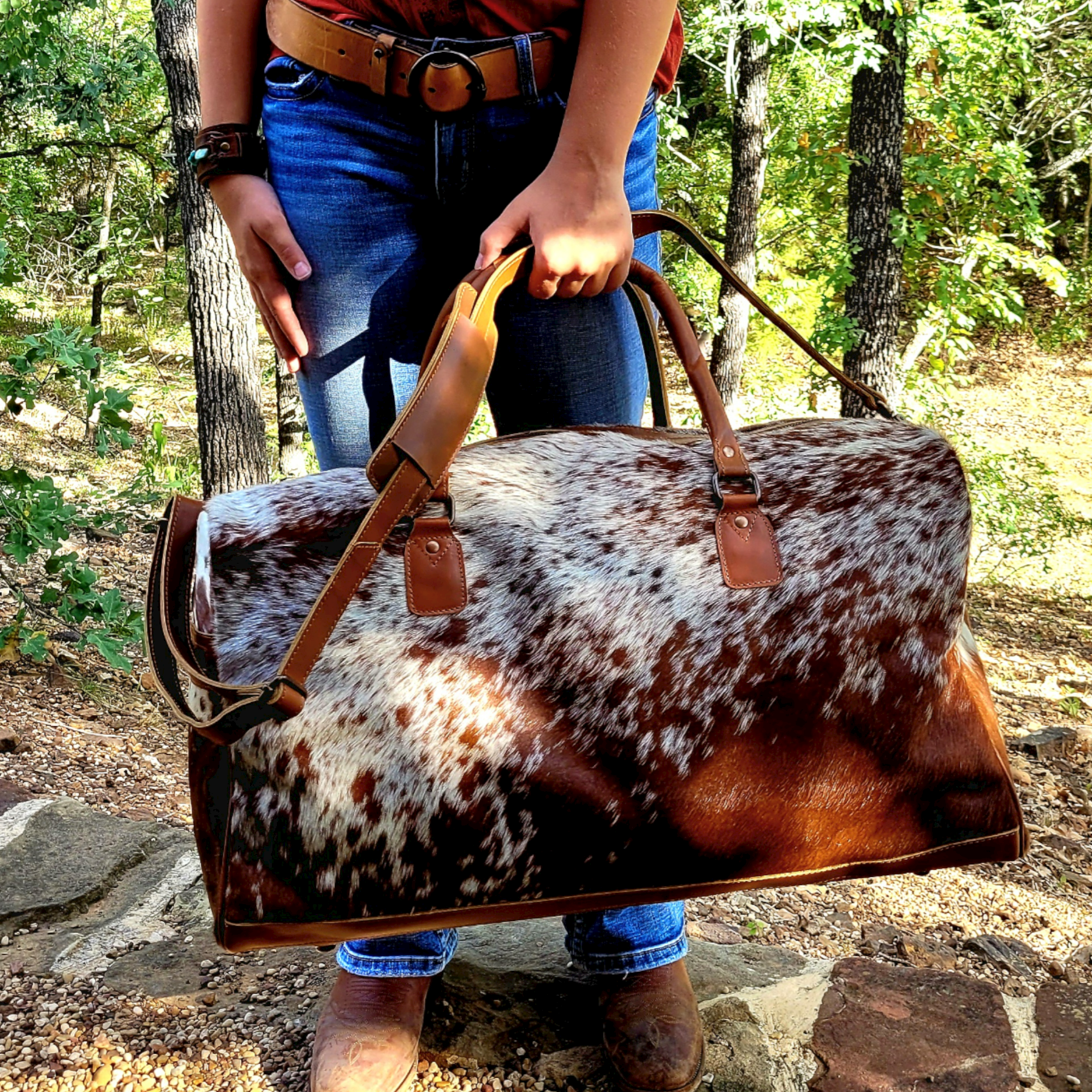 Bundle Deal -The Highlands Large Genuine Cowhide Weekender Duffel Saddle Bag+ Tote Purse Saddle - Ranch Junkie Mercantile LLC