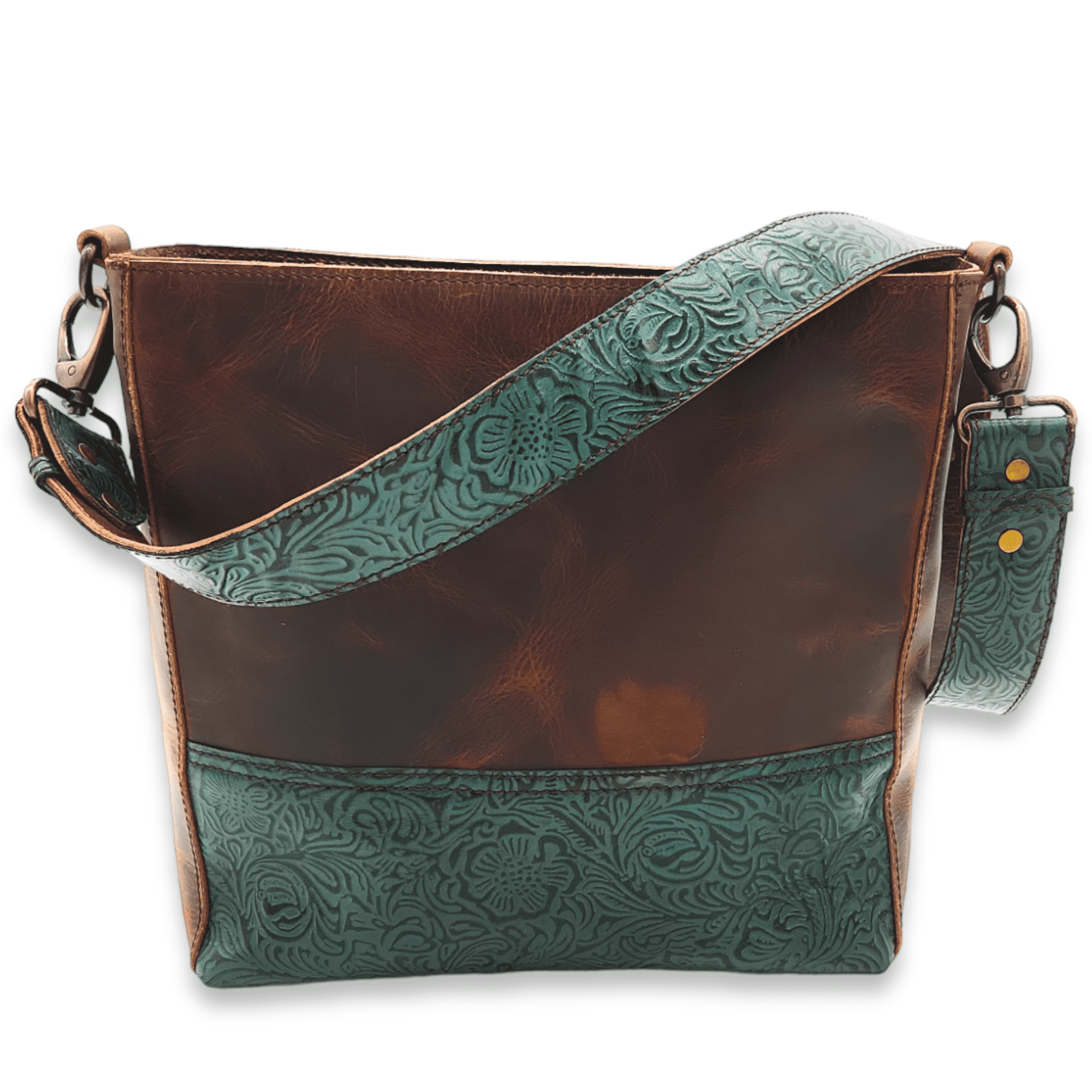 The Rancho Leather Turquoise Embossed Belt Strap Bucket Purse - Ranch Junkie Mercantile LLC