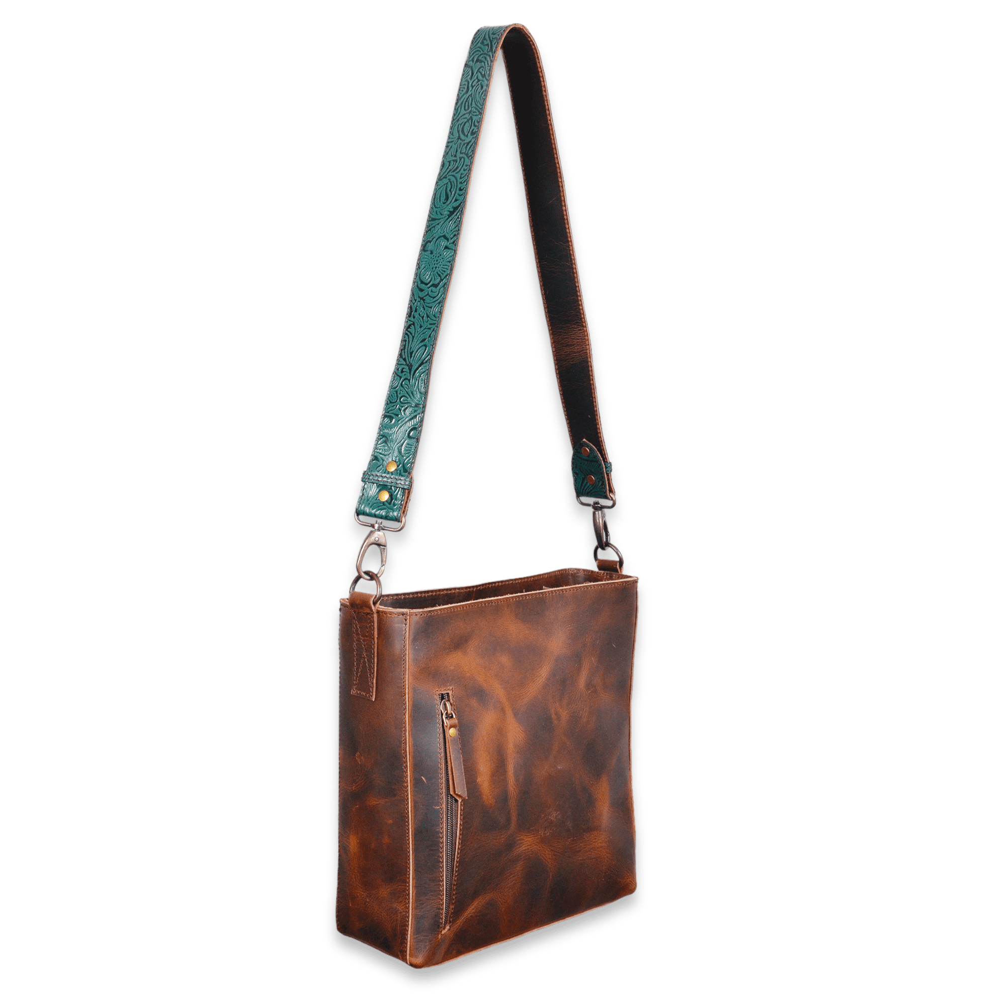 The Rancho Leather Turquoise Embossed Belt Strap Bucket Purse - Ranch Junkie Mercantile LLC