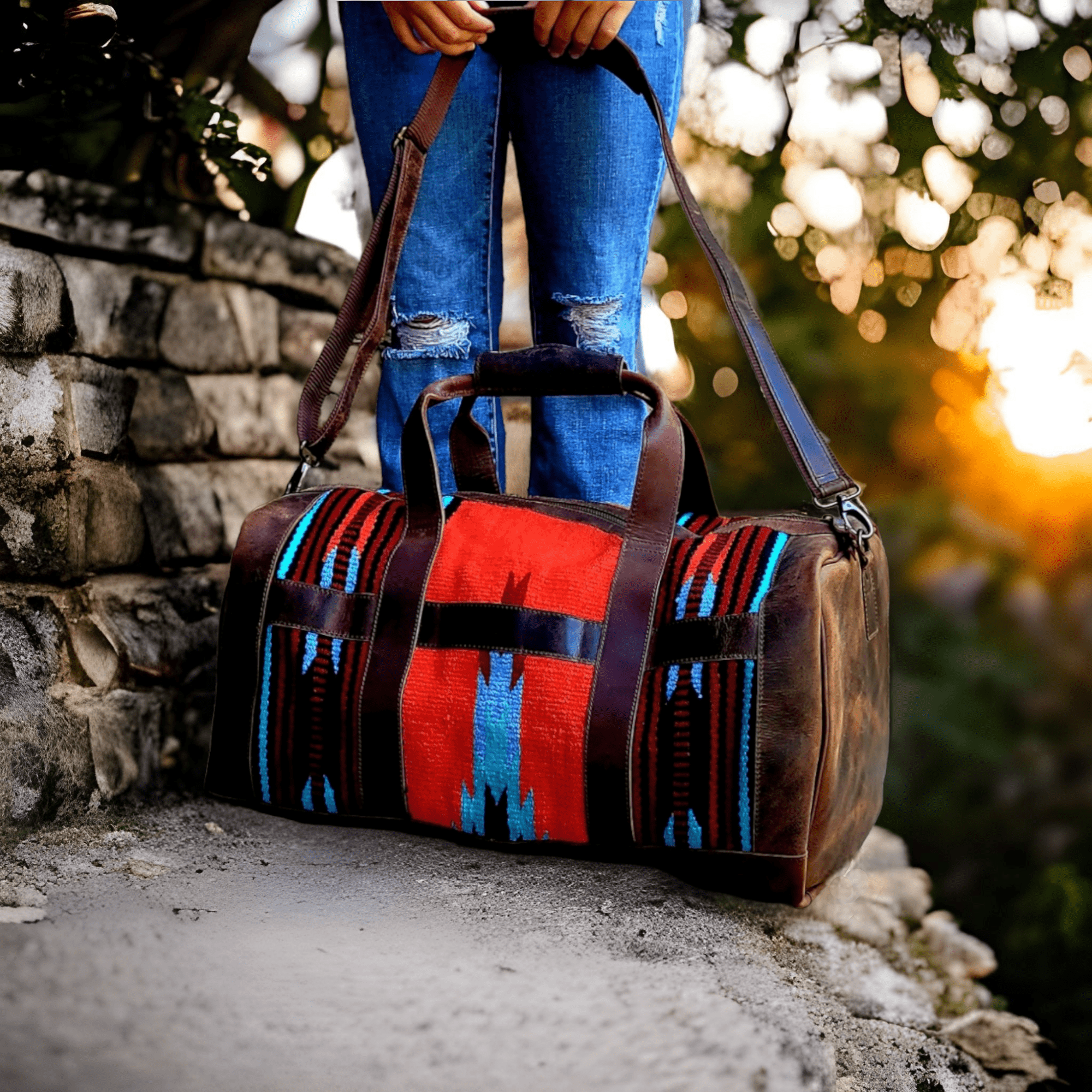 Sedona Southwestern Saddle Blanket Aztec Weekender Leather Duffel Bag - Ranch Junkie Mercantile LLC