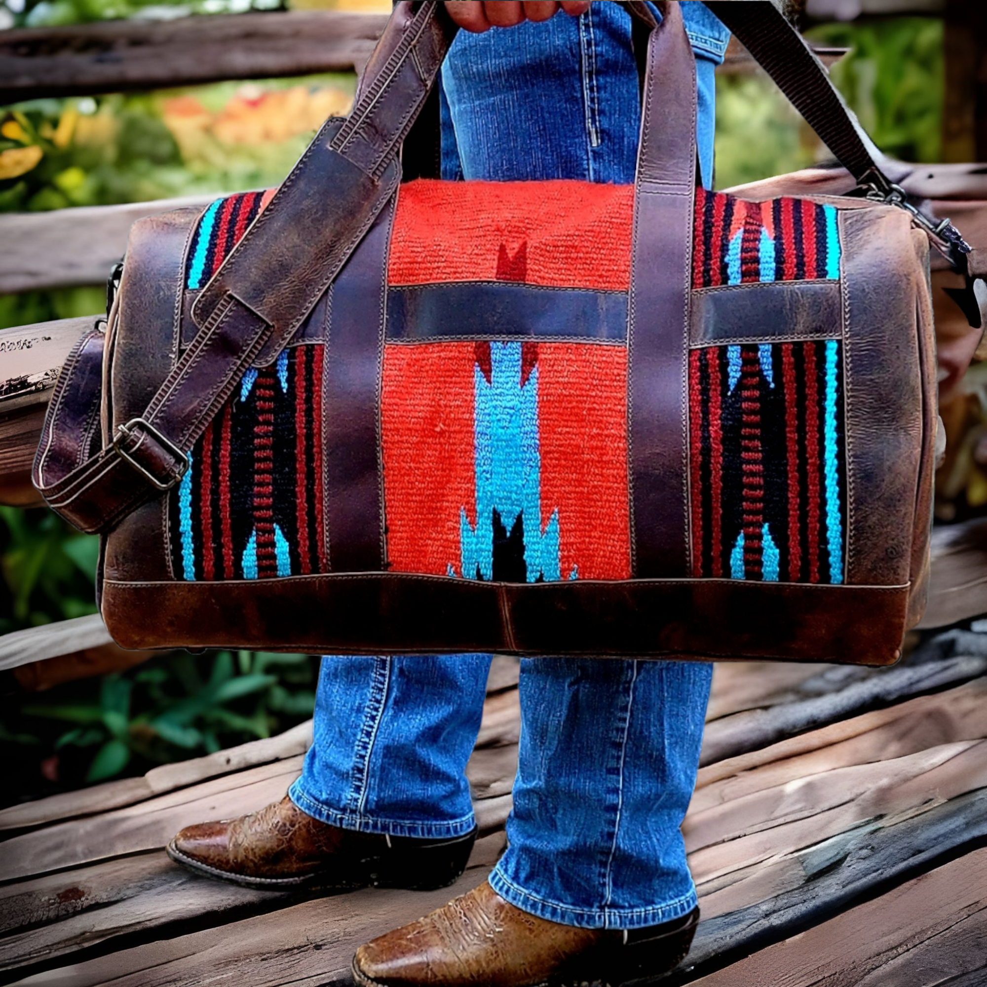 Sedona Southwestern Saddle Blanket Aztec Weekender Leather Duffel Bag - Ranch Junkie Mercantile LLC