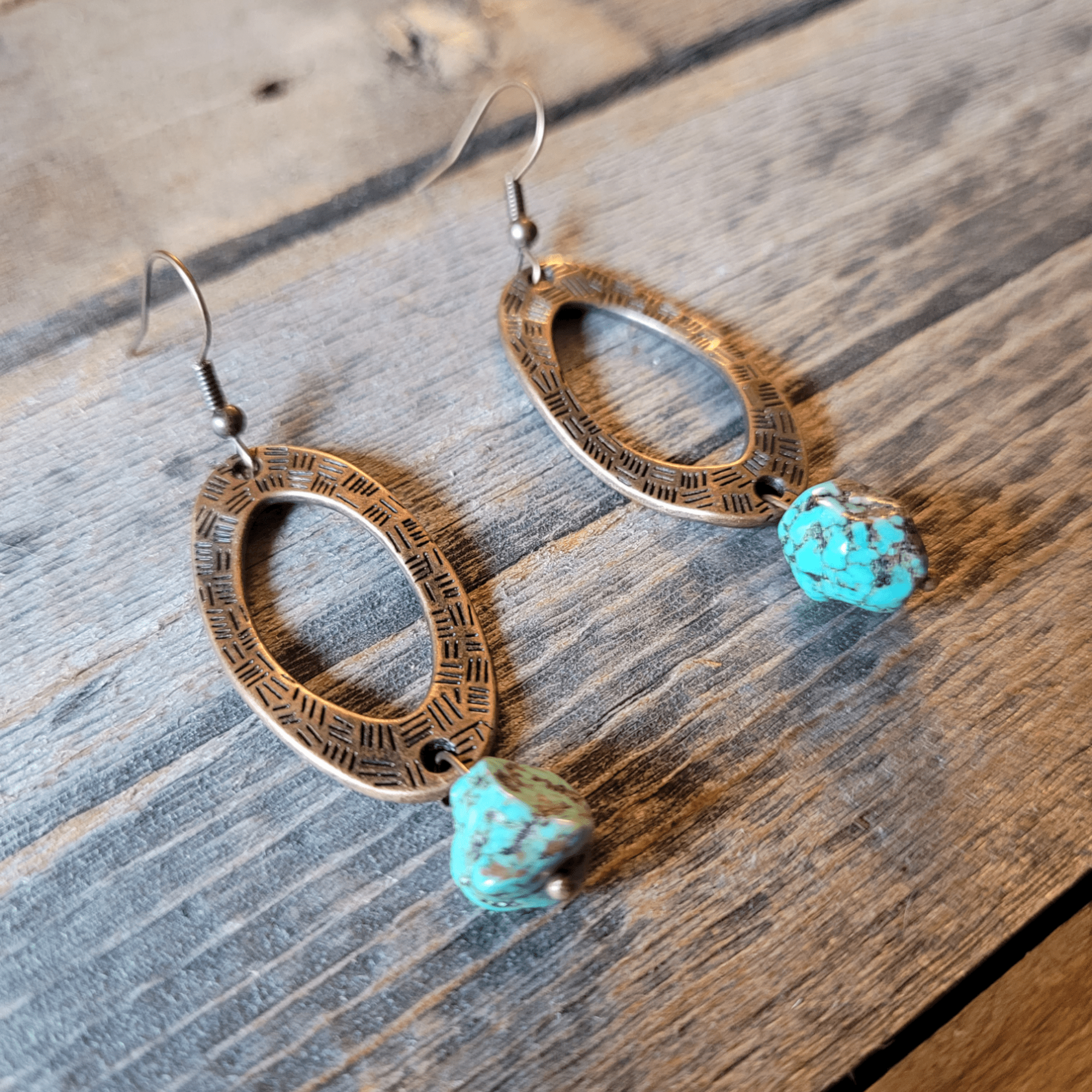 Hammered Copper Earrings African Turquoise Bead - Ranch Junkie Mercantile LLC