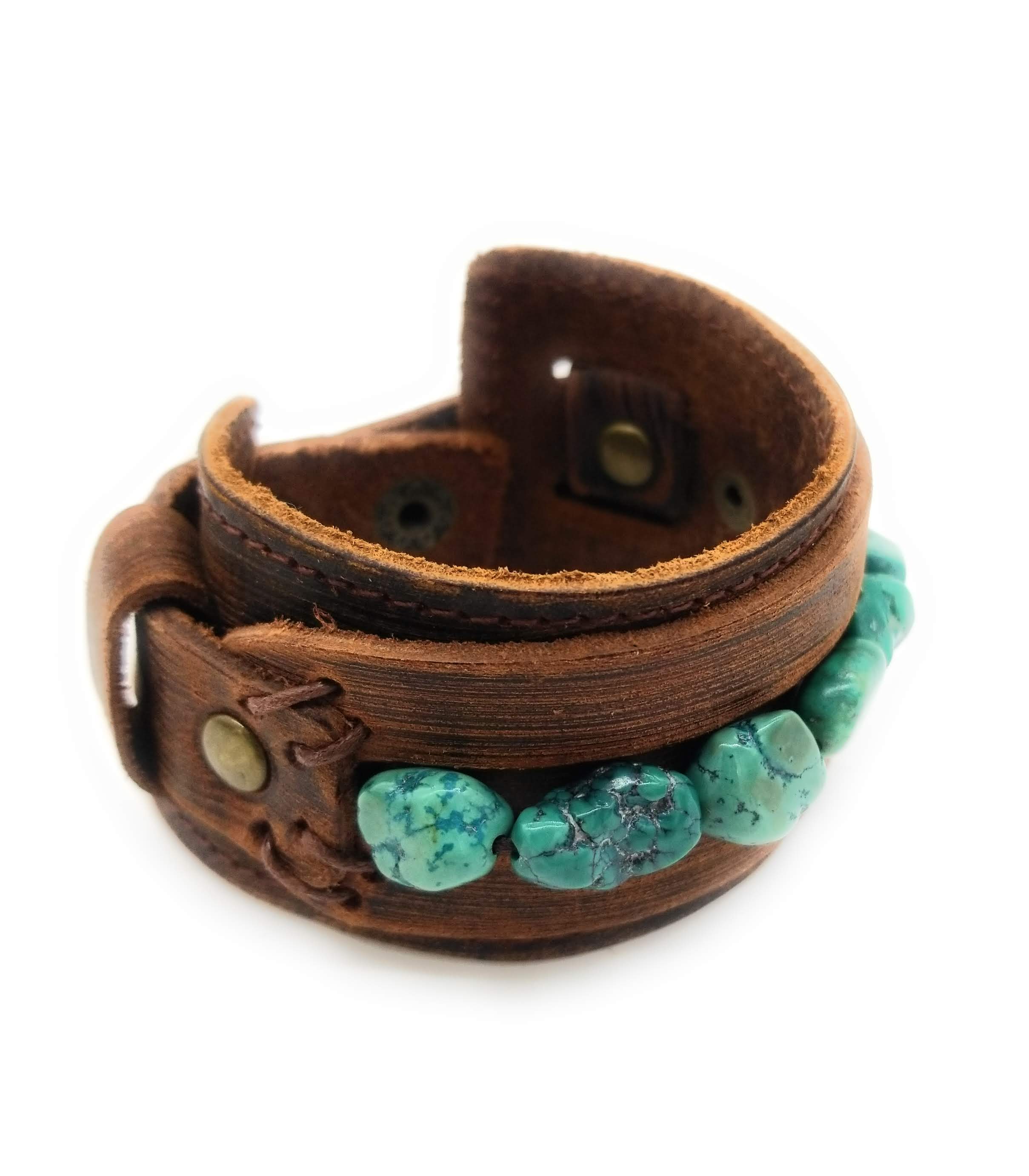 Dusty Leather Cuff with African Turquoise Chunks - Ranch Junkie Mercantile LLC