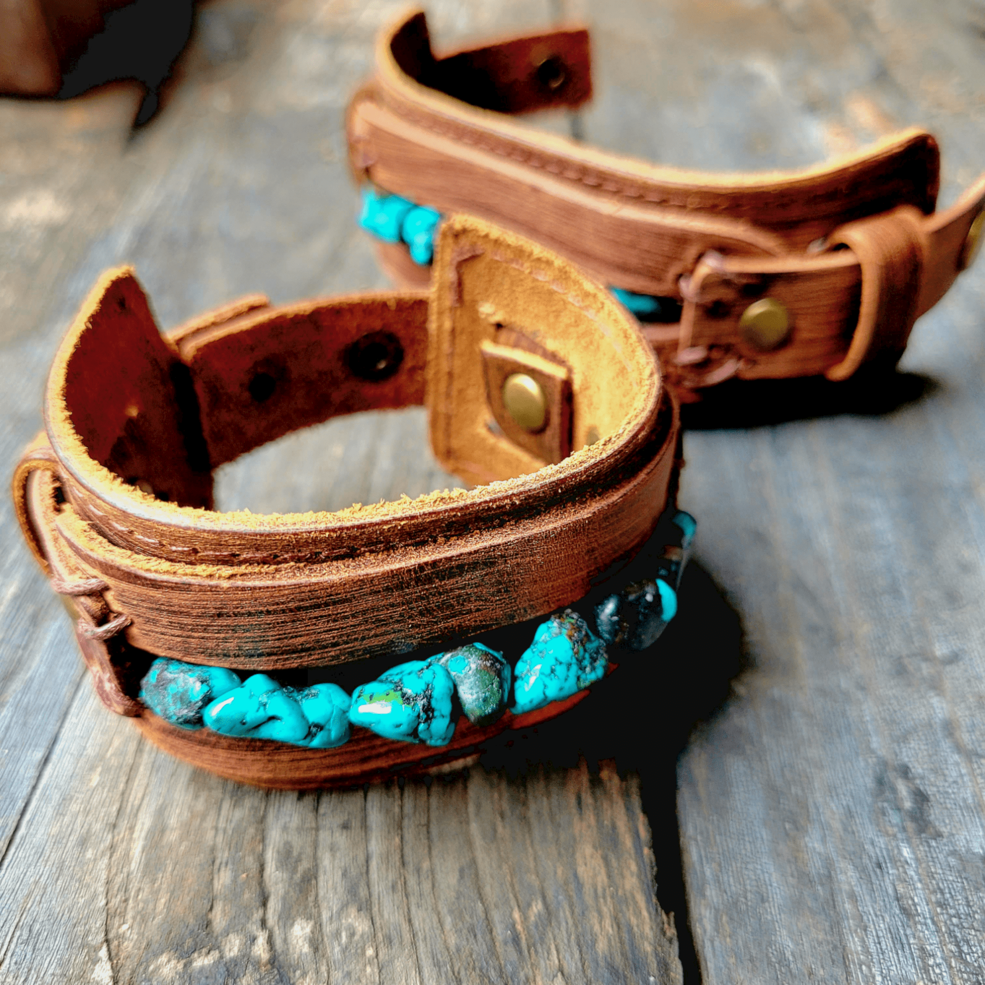 Dusty Leather Cuff with African Turquoise Chunks - Ranch Junkie Mercantile LLC