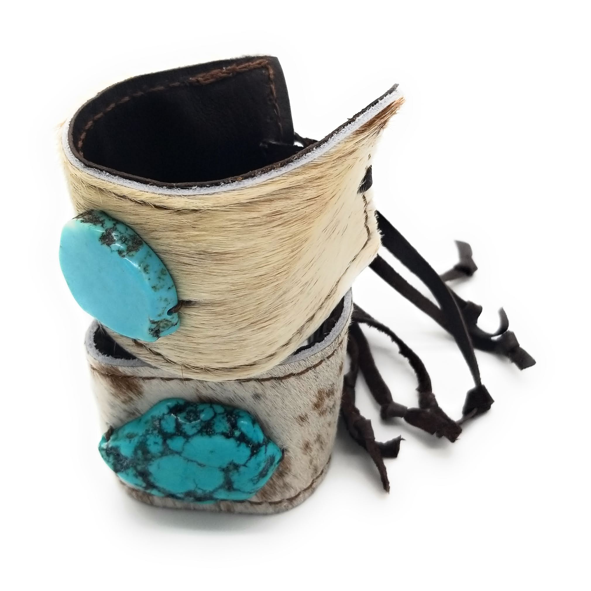 Leather Cuff with Tie-Spotted Hair-on-Hide with Turquoise - Ranch Junkie Mercantile LLC