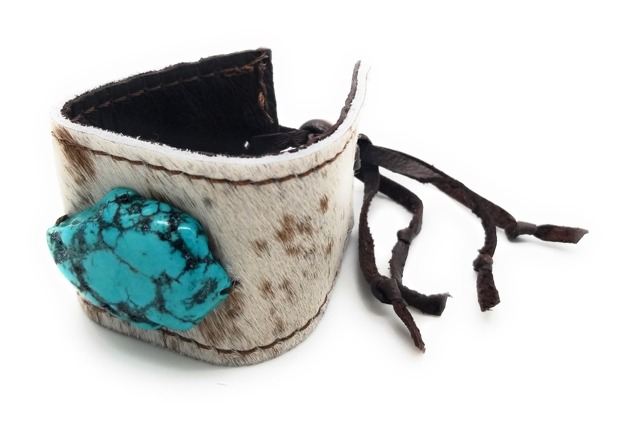 Leather Cuff with Tie-Spotted Hair-on-Hide with Turquoise - Ranch Junkie Mercantile LLC