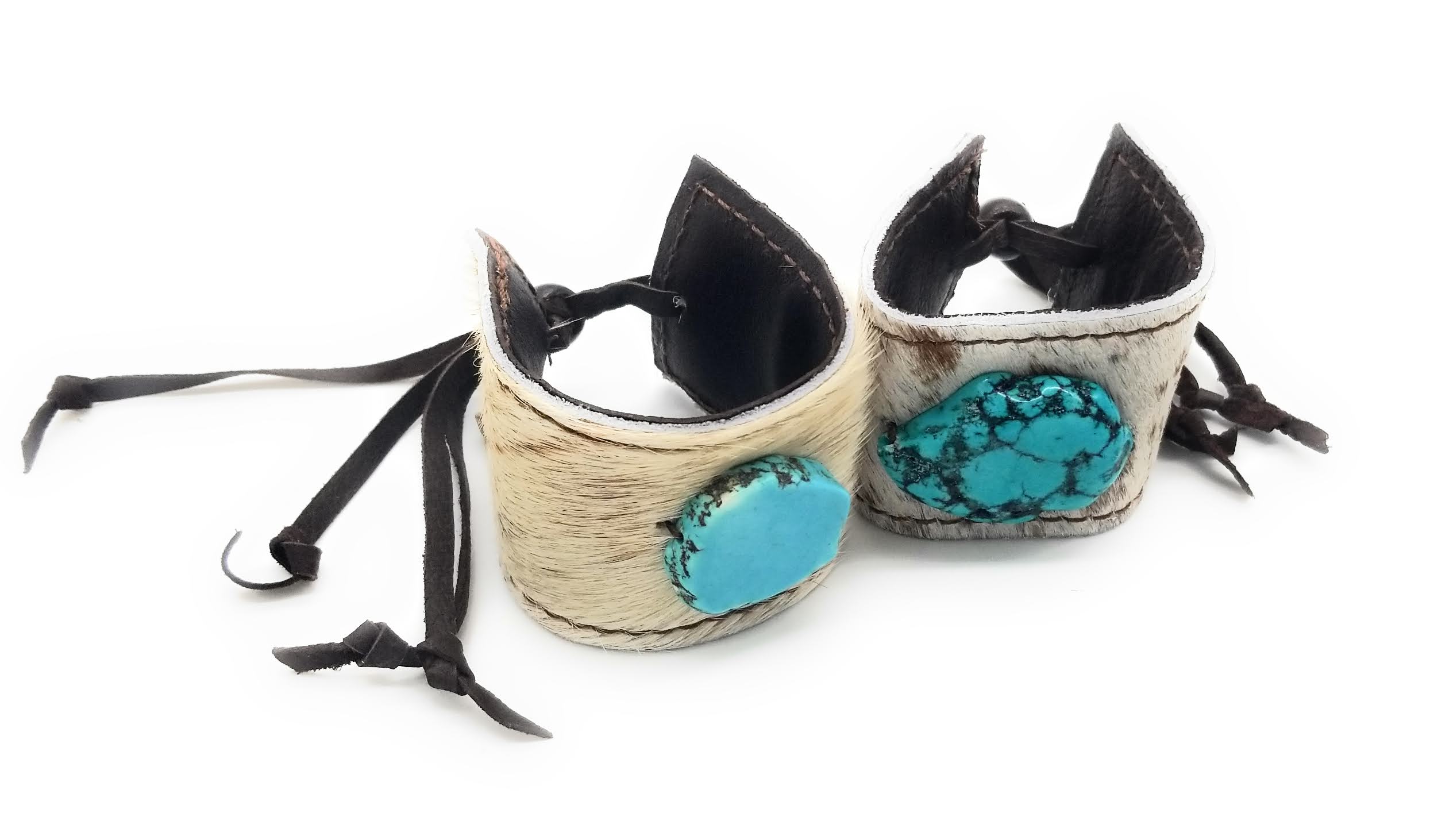 Leather Cuff with Tie-Spotted Hair-on-Hide with Turquoise - Ranch Junkie Mercantile LLC