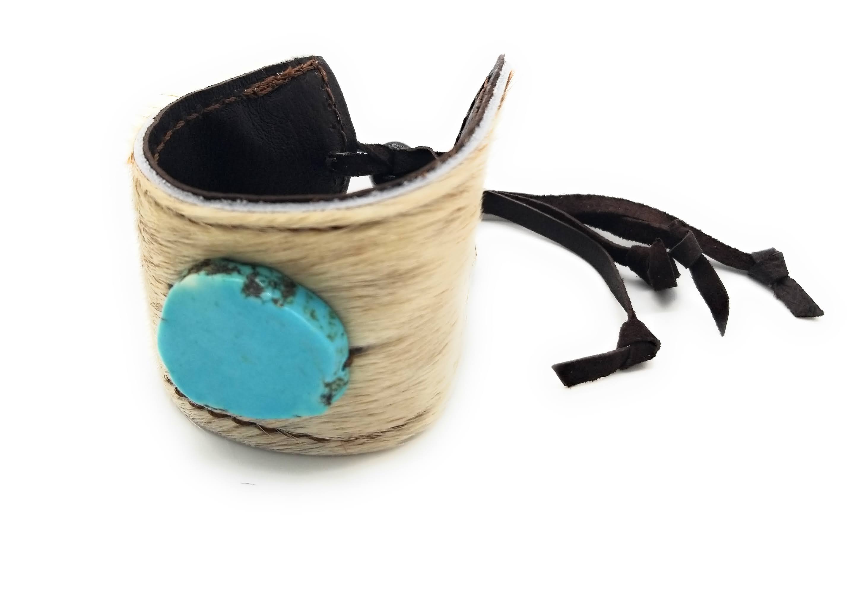 Leather Cuff with Tie-Spotted Hair-on-Hide with Turquoise - Ranch Junkie Mercantile LLC