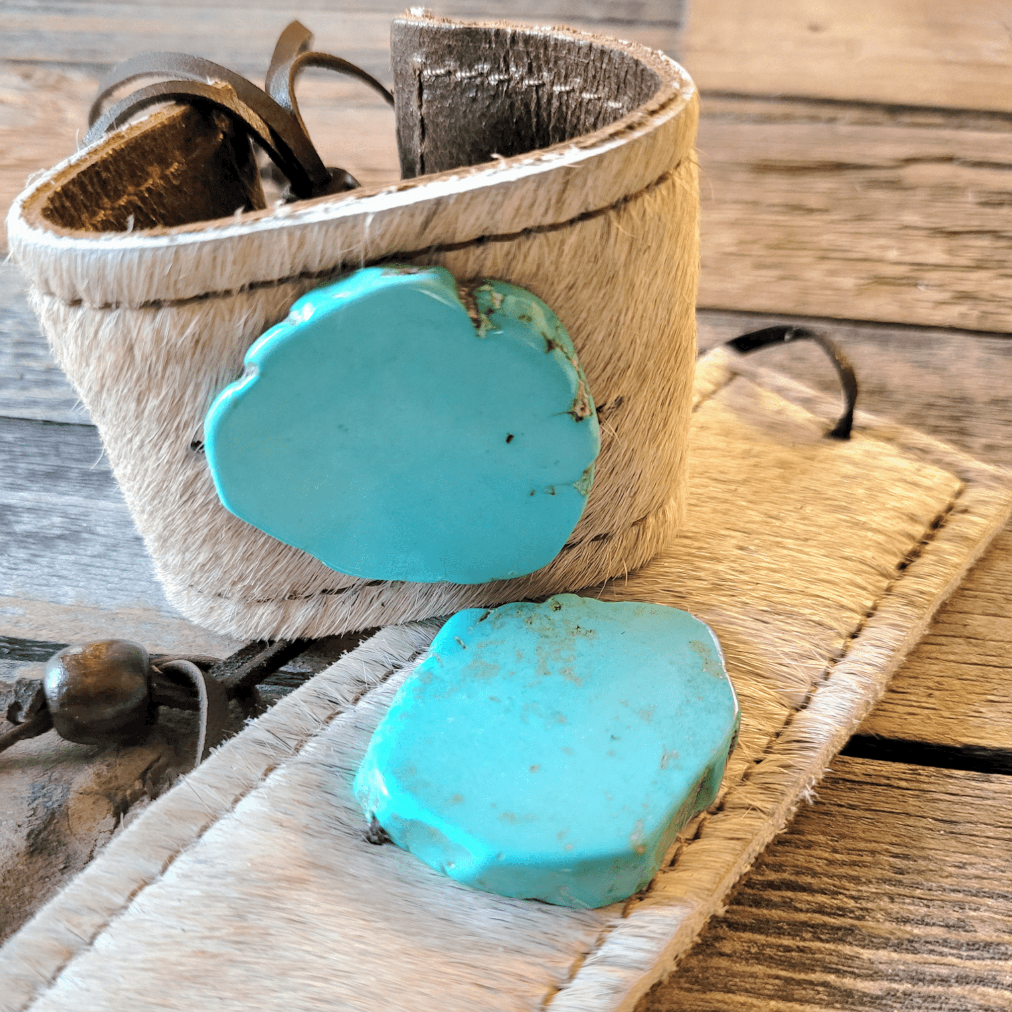 Leather Cuff with Tie-Spotted Hair-on-Hide with Turquoise - Ranch Junkie Mercantile LLC