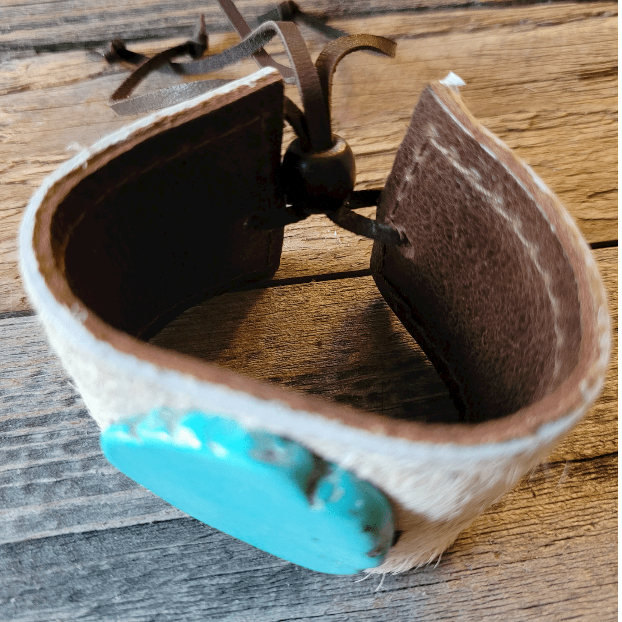 Leather Cuff with Tie-Spotted Hair-on-Hide with Turquoise - Ranch Junkie Mercantile LLC