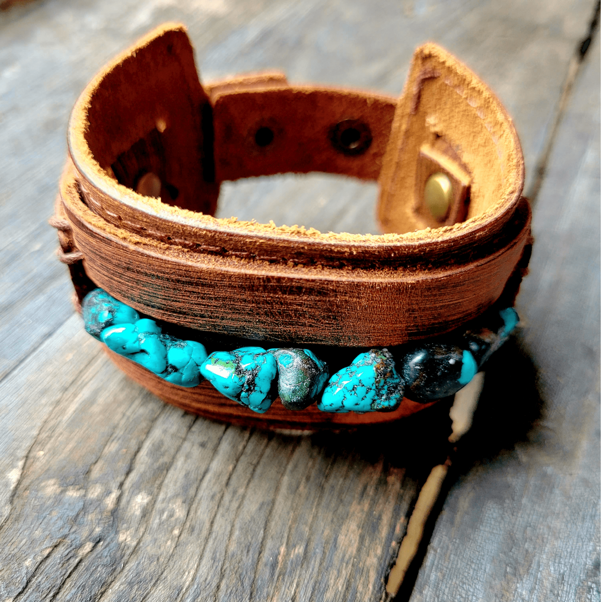 Dusty Leather Cuff with African Turquoise Chunks - Ranch Junkie Mercantile LLC