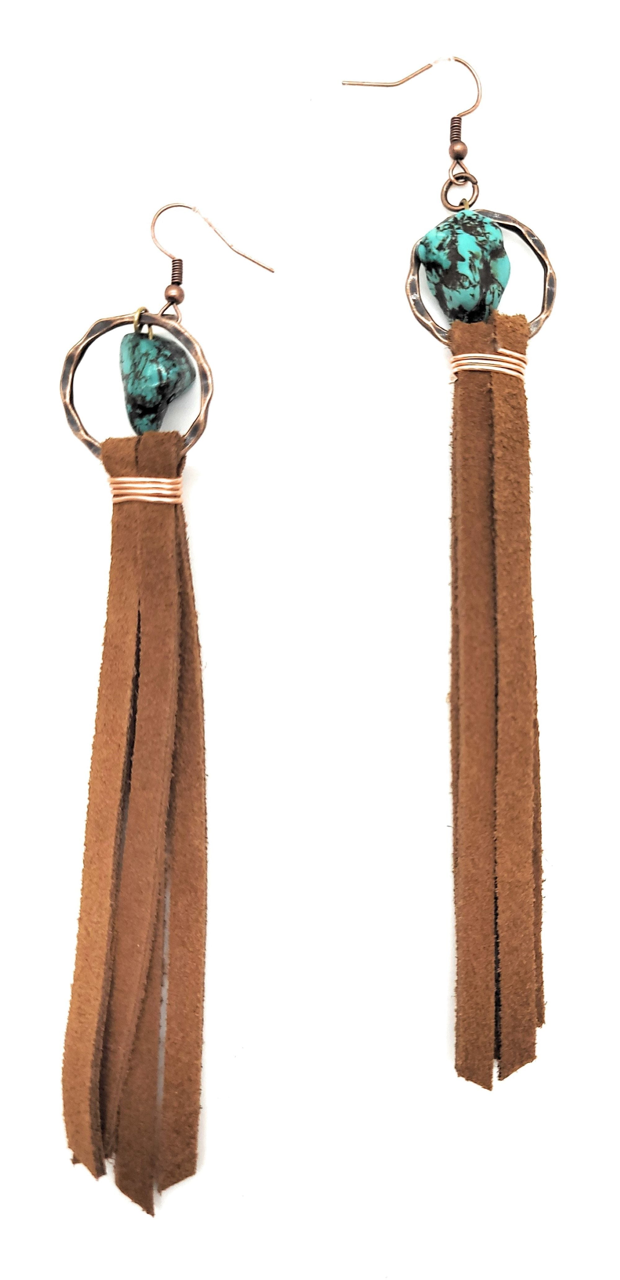 Turquoise Drop Earrings w/ Suede Leather Tassel - Ranch Junkie Mercantile LLC