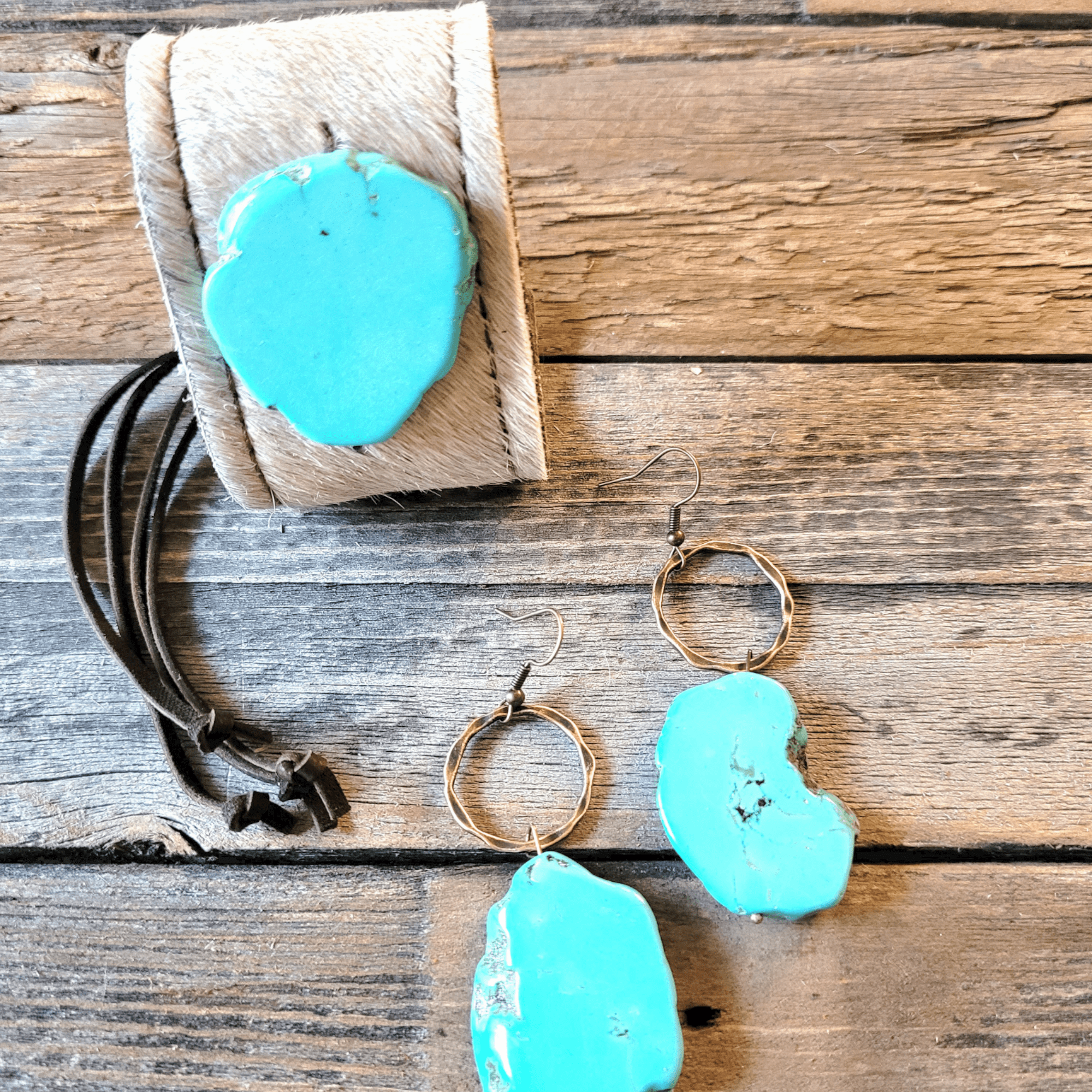 Bundle Deal-Blue Turquoise Slab Necklace + Blue Turquoise Slab Earrings + Leather Cuff - Ranch Junkie Mercantile LLC