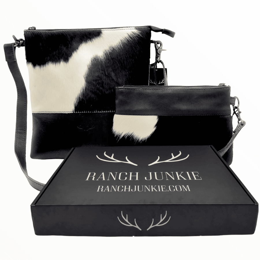 Bundle Deal -The Highlands Black Genuine Cowhide Large Crossbody Bag + Black Wristlet Clutch - Ranch Junkie Mercantile LLC