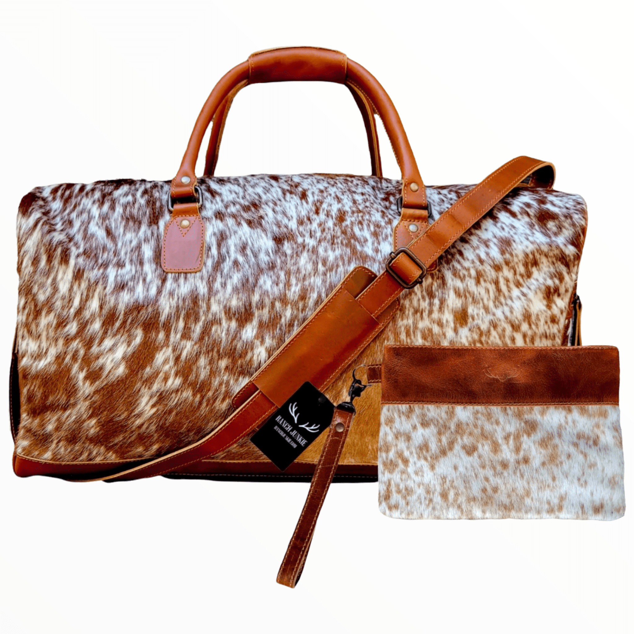 Bundle Deal -The Highlands Large Genuine Cowhide Weekender Duffel Saddle+ Wristlet Clutch Saddle - Ranch Junkie Mercantile LLC