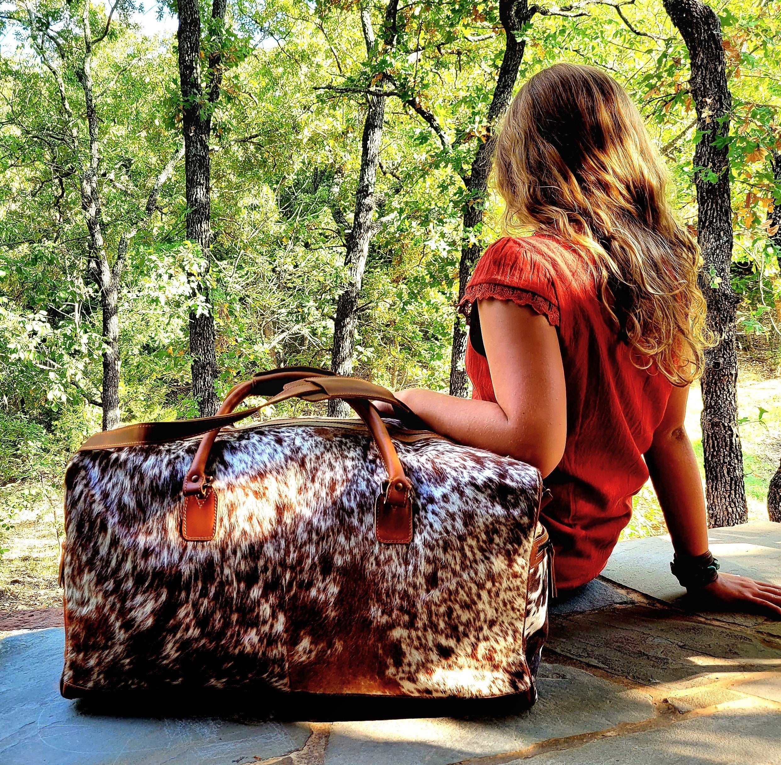 Bundle Deal -The Highlands Large Genuine Cowhide Weekender Duffel Saddle+ Wristlet Clutch Saddle - Ranch Junkie Mercantile LLC