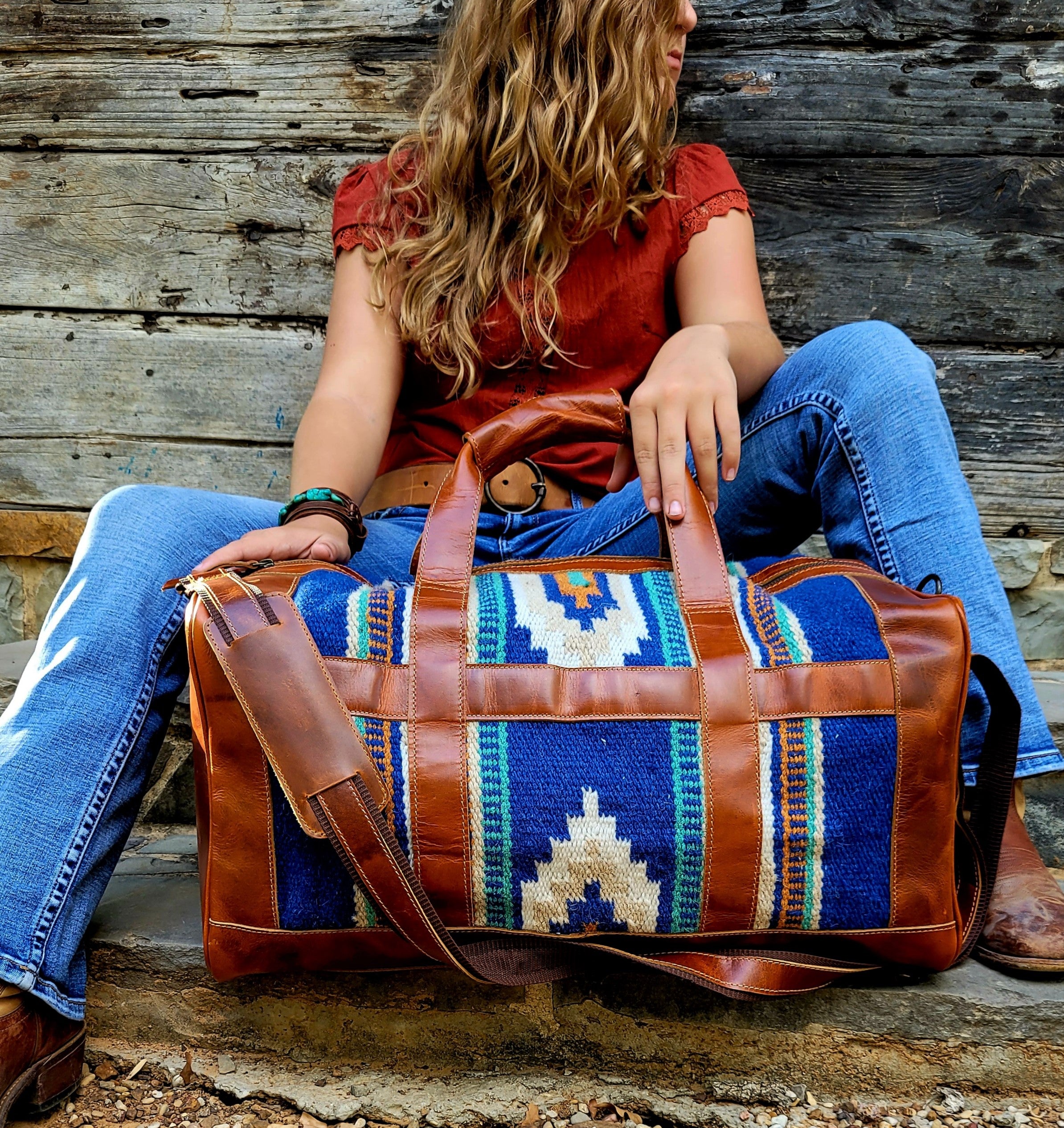 Southwestern Saddle Blanket Aztec Weekender Dakota Leather Duffel Bag - Ranch Junkie Mercantile LLC