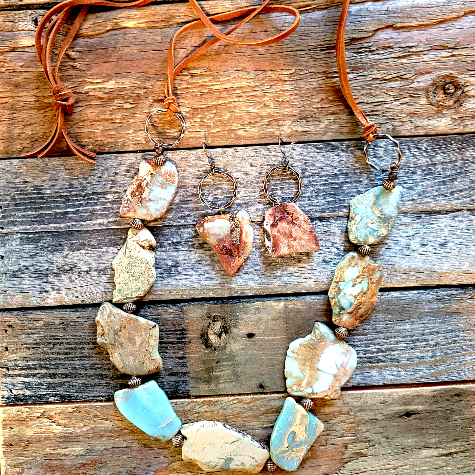 Aqua Terra Slab and Leather Necklace - Ranch Junkie Mercantile LLC