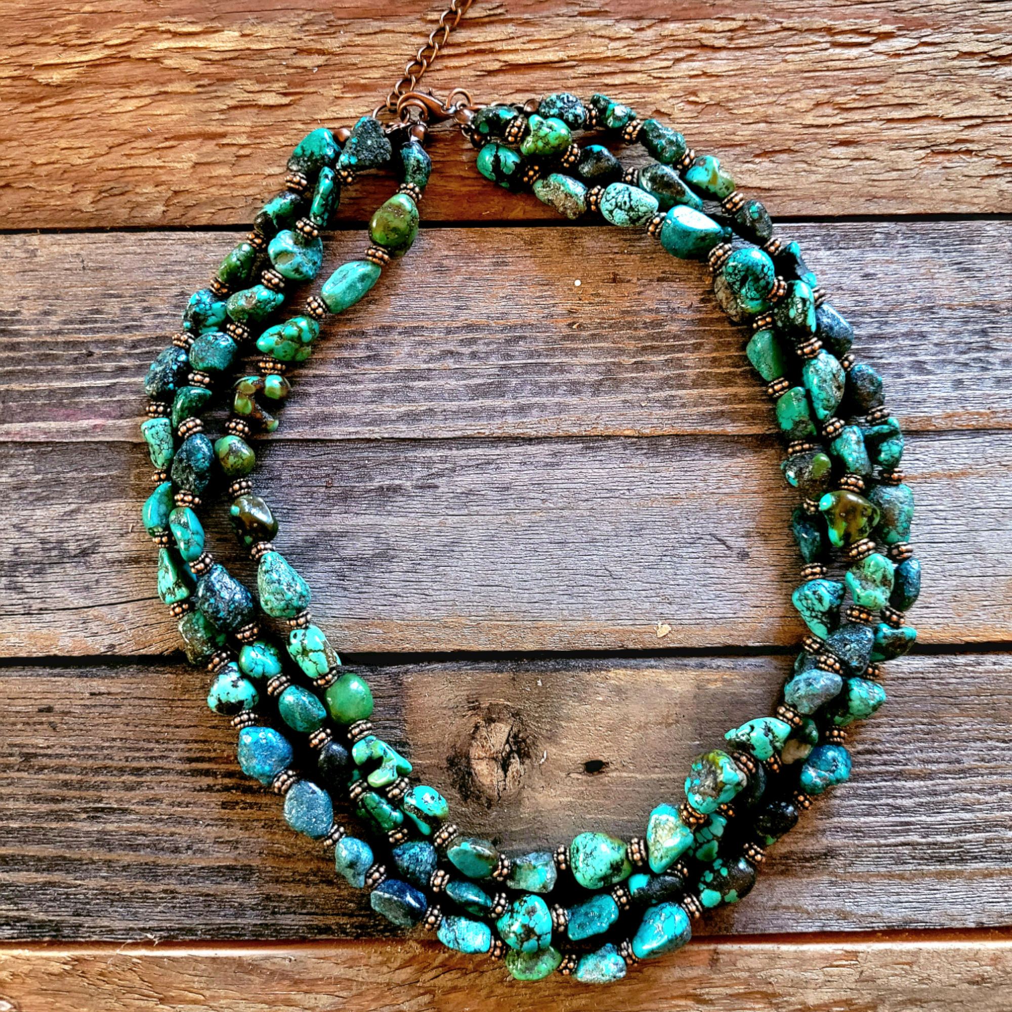 Triple Strand Natural Turquoise Copper Collar Necklace - Ranch Junkie Mercantile LLC