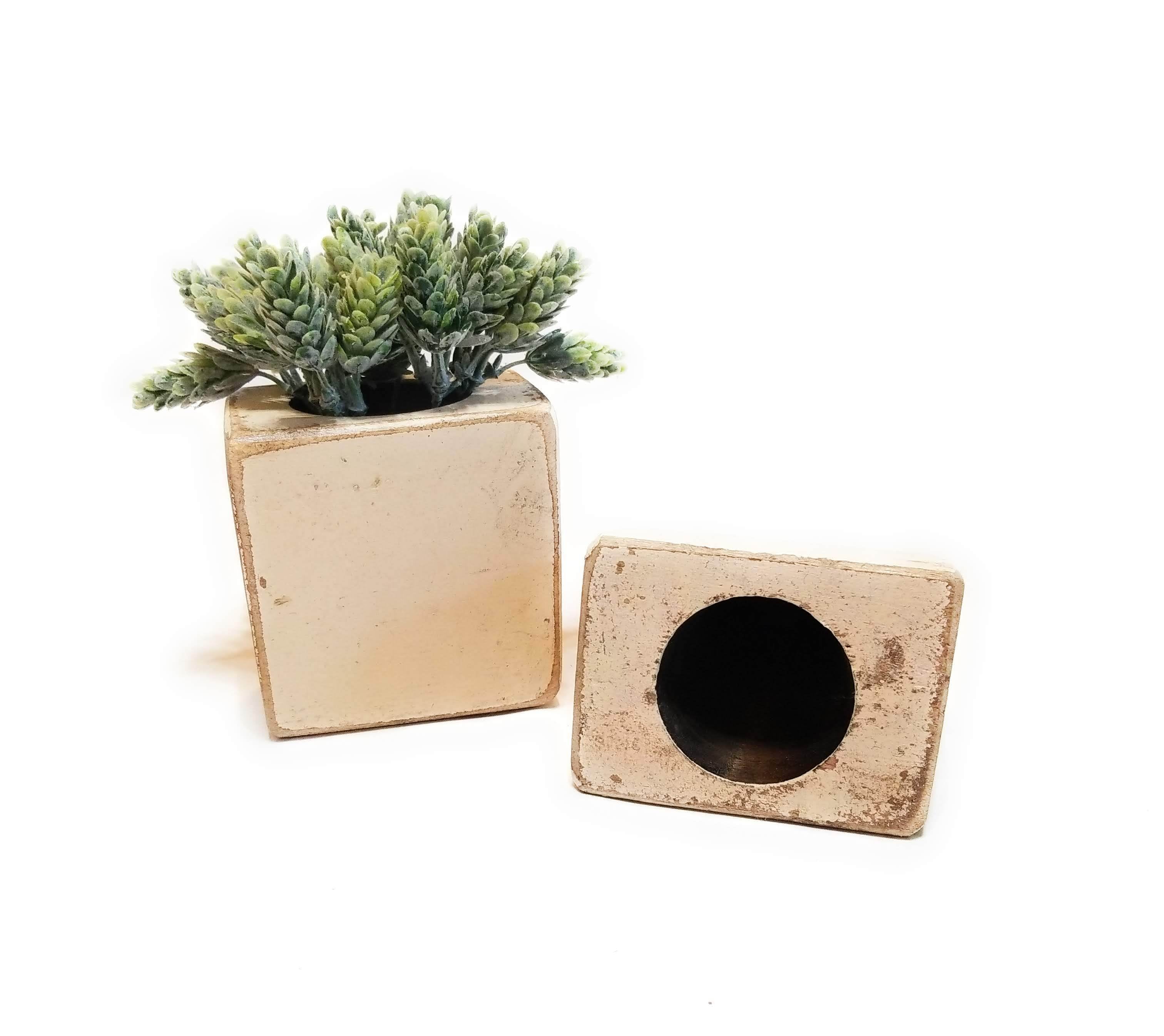 Rustic Ivory Farmhouse 1 Hole Wooden Candle Holder- Sugar Mold Candle Holder One Hole- Faux Succulent Planter - Ranch Junkie Mercantile LLC