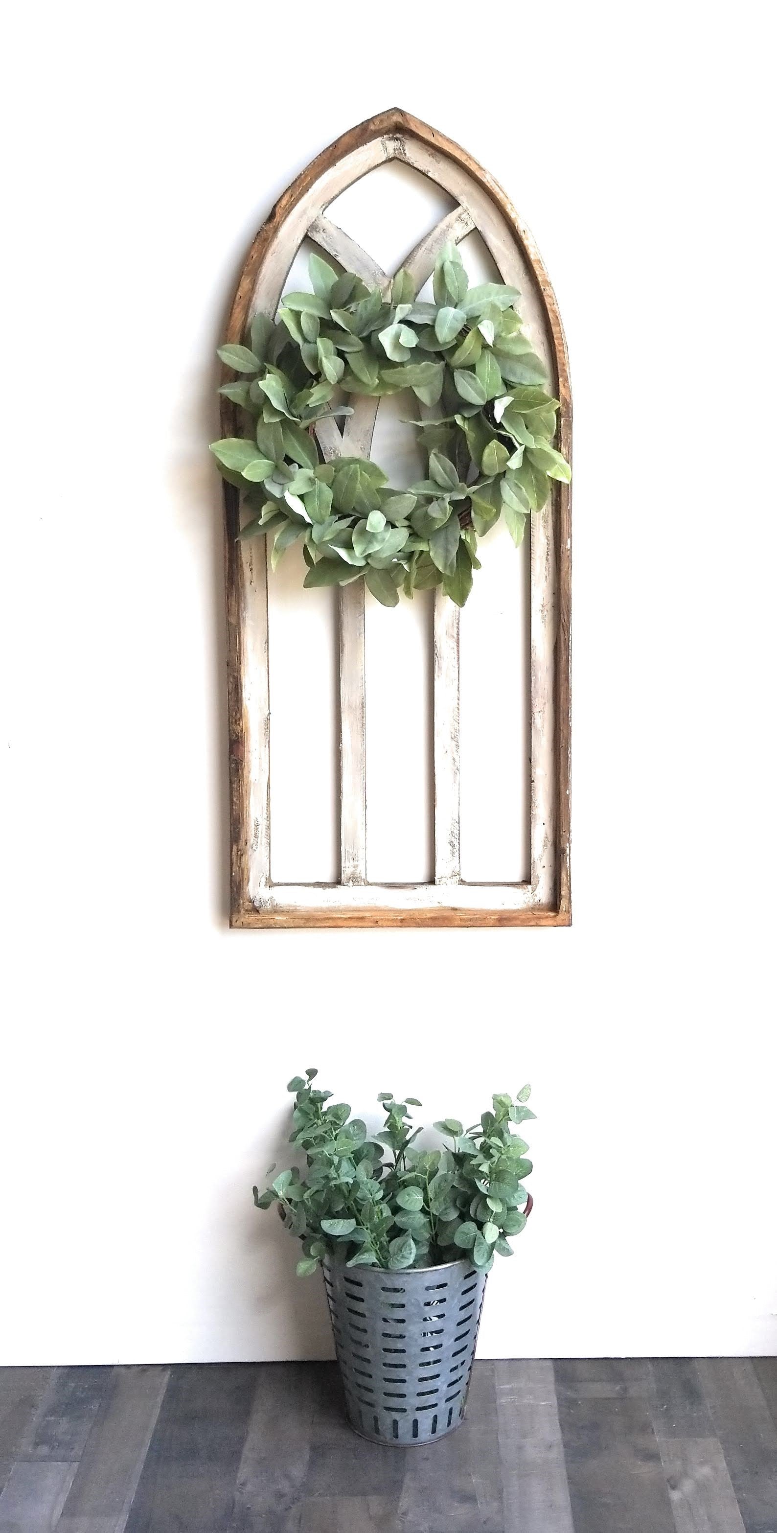 48" X 21" Farmhouse Wood Cathedral Window Rustic White- The Farmhouse Cathedral Window - Ranch Junkie Mercantile LLC