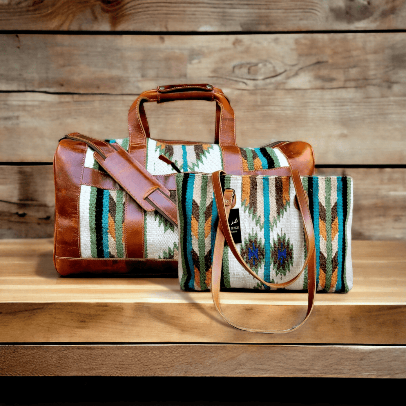 Bundle Deal - Aspen Southwestern Leather Aztec Weekender Duffel Bag + Large Handwoven Wool Boho Tote - Ranch Junkie Mercantile LLC