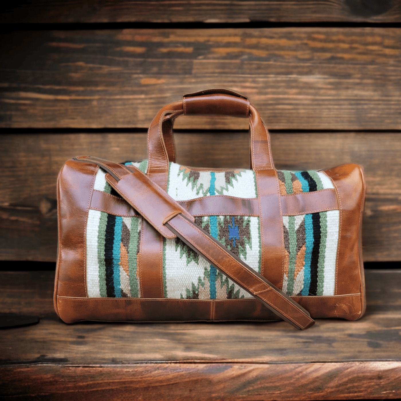 Bundle Deal - Aspen Southwestern Leather Aztec Weekender Duffel Bag + Large Handwoven Wool Boho Tote - Ranch Junkie Mercantile LLC