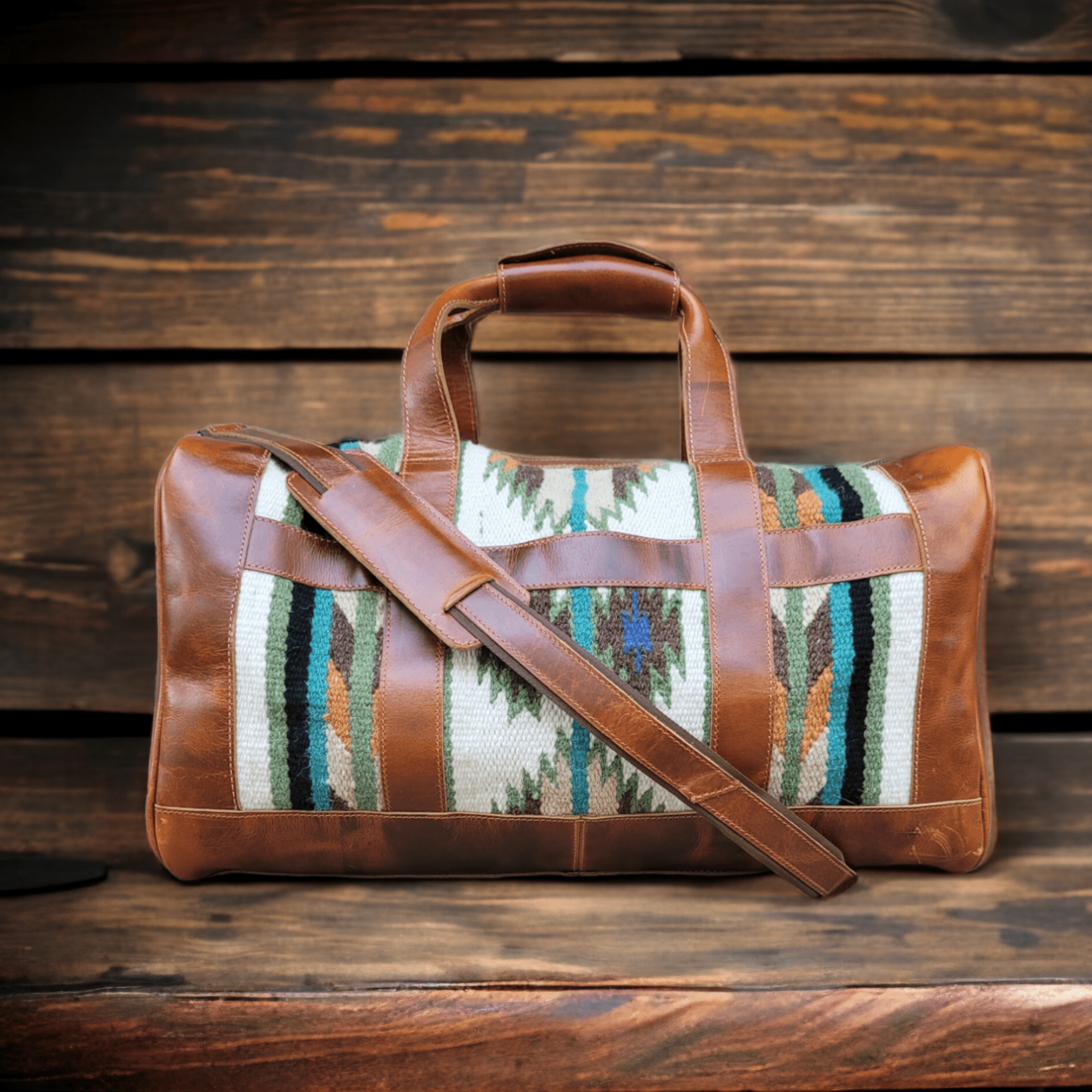 Bundle Deal - Aspen Southwestern Leather Aztec Weekender Duffel Bag + Large Handwoven Wool Boho Tote - Ranch Junkie Mercantile LLC