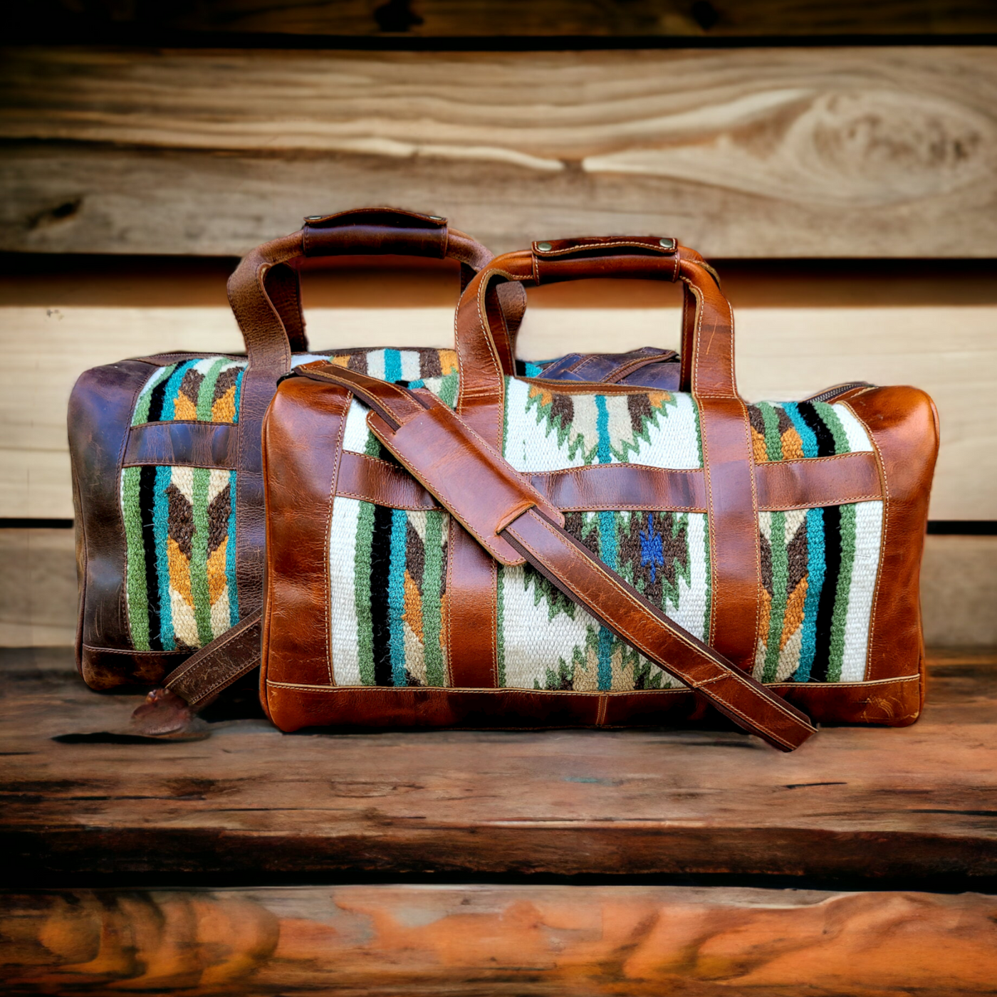 Bundle Deal Aspen Southwestern Leather Aztec Weekender Duffel Bag + Large Wool Boho Tote - Ranch Junkie Mercantile LLC 