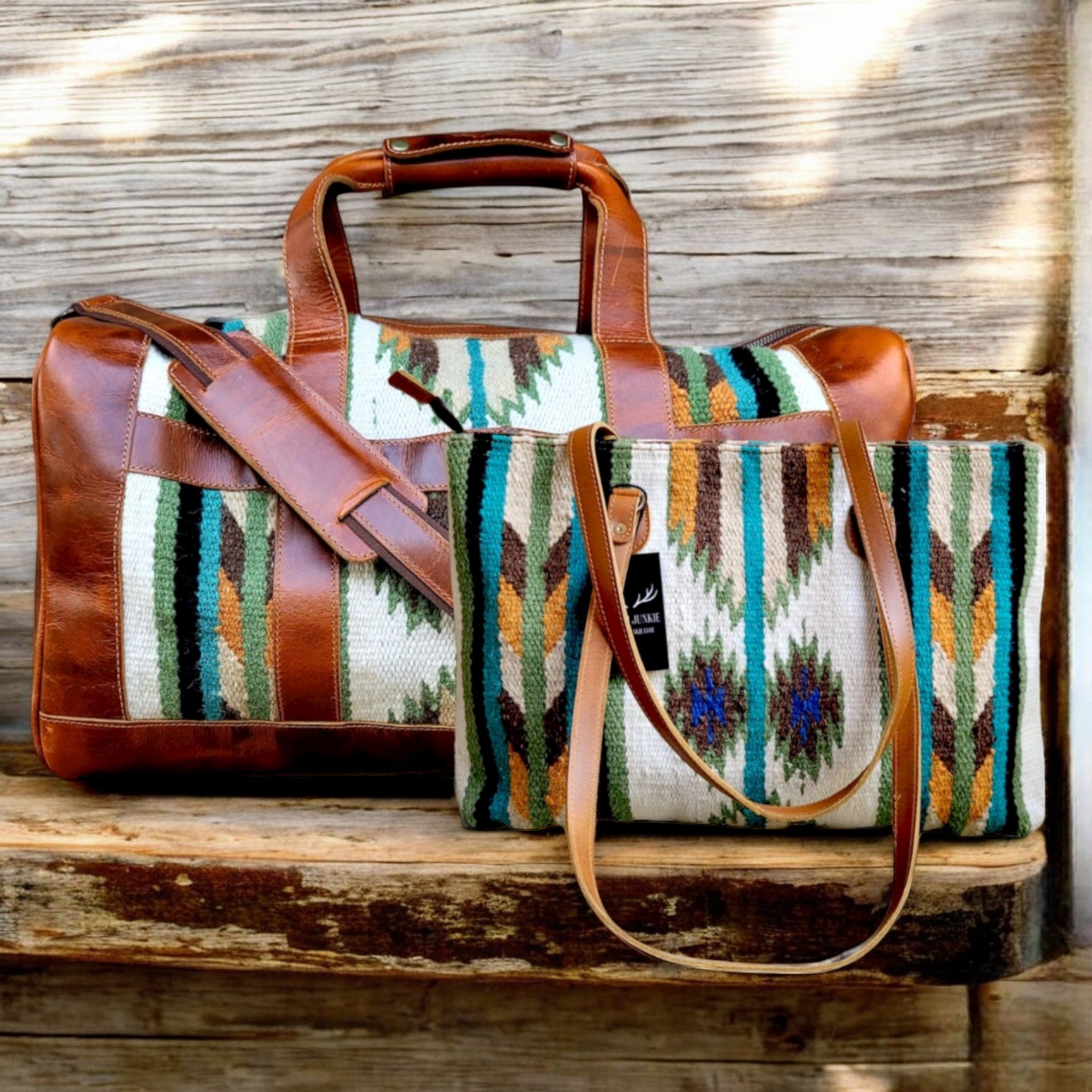 Bundle Deal Aspen Southwestern Leather Aztec Weekender Duffel Bag + Large Wool Boho Tote - Ranch Junkie Mercantile LLC 