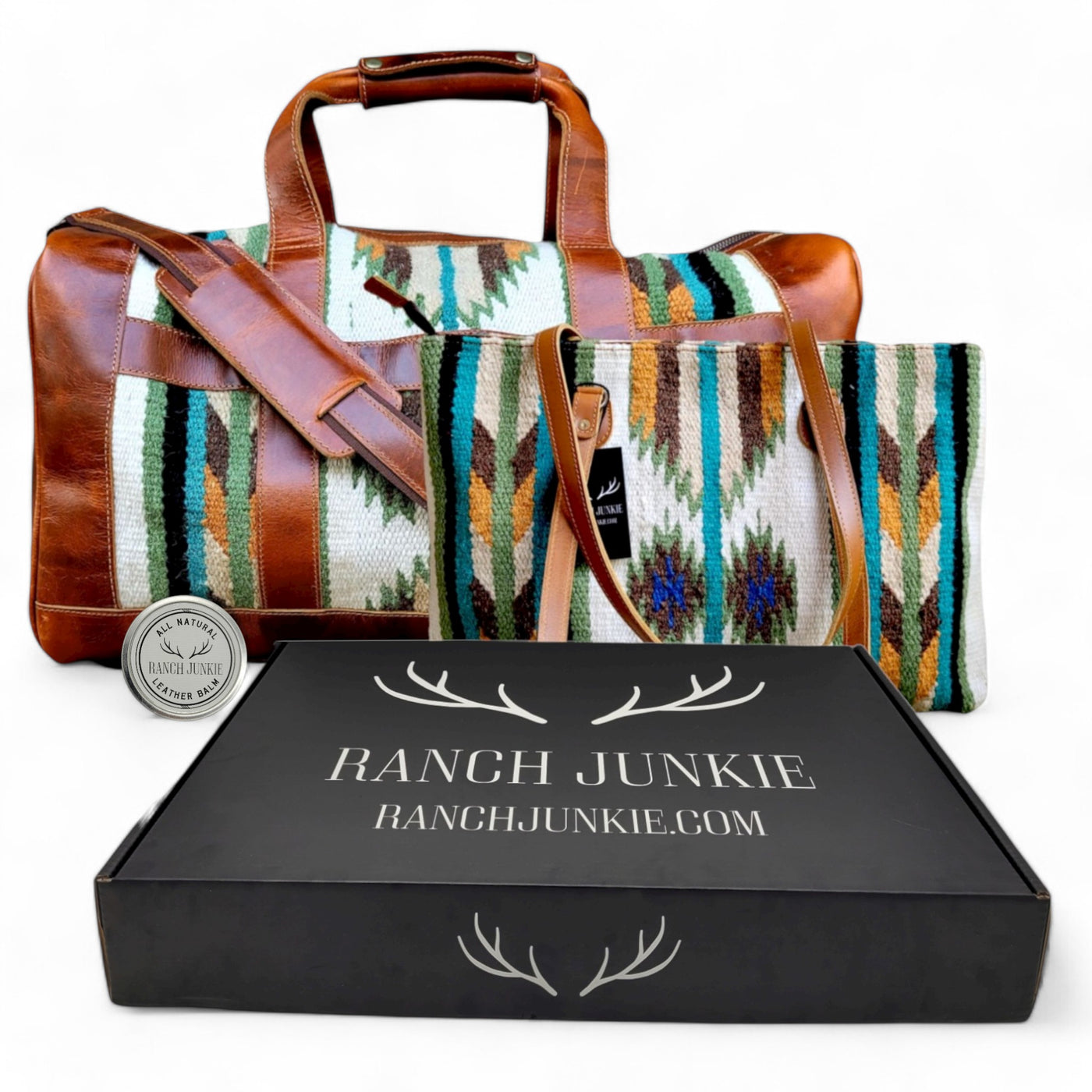 Bundle Deal Aspen Southwestern Leather Aztec Weekender Duffel Bag + Large Wool Boho Tote - Ranch Junkie Mercantile LLC 