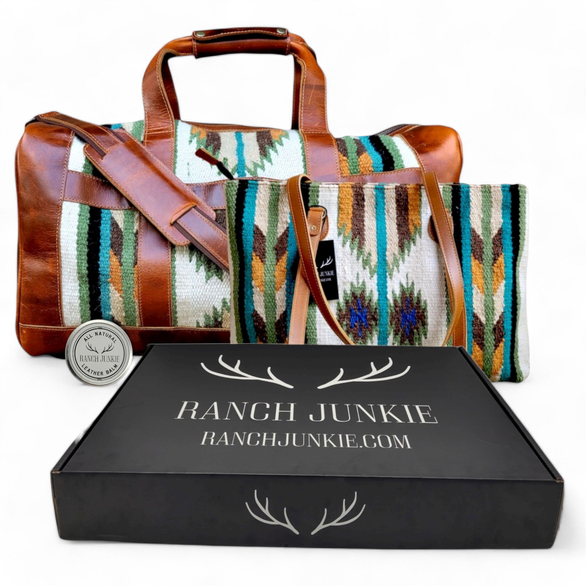 Bundle Deal Aspen Southwestern Leather Aztec Weekender Duffel Bag + Large Wool Boho Tote - Ranch Junkie Mercantile LLC 