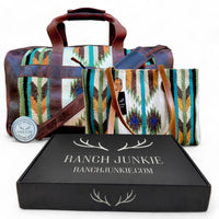 Bundle Deal Aspen Southwestern Leather Aztec Weekender Duffel Bag + Large Wool Boho Tote - Ranch Junkie Mercantile LLC 