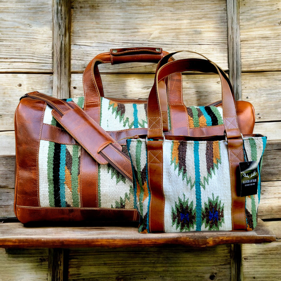 Bundle Deal Aspen Southwestern Handwoven Wool Leather Weekender + Handwoven Wool Tote Purse - Ranch Junkie Mercantile LLC 