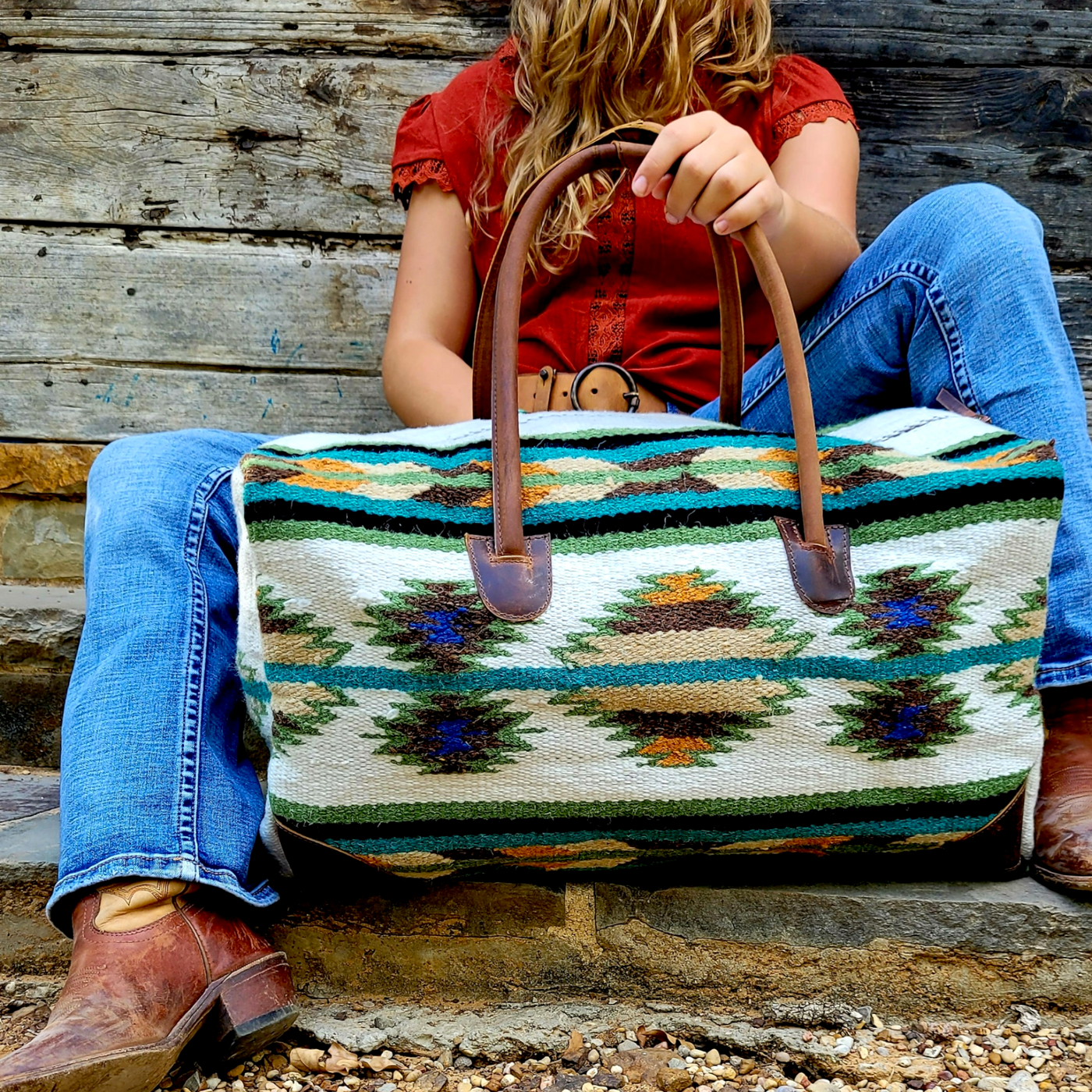 Bundle Deal Aspen Boho Aztec Saddle Blanket Large Weekender Southwestern Duffel Bag + Aspen Canteen Crossbody - Ranch Junkie Mercantile LLC 