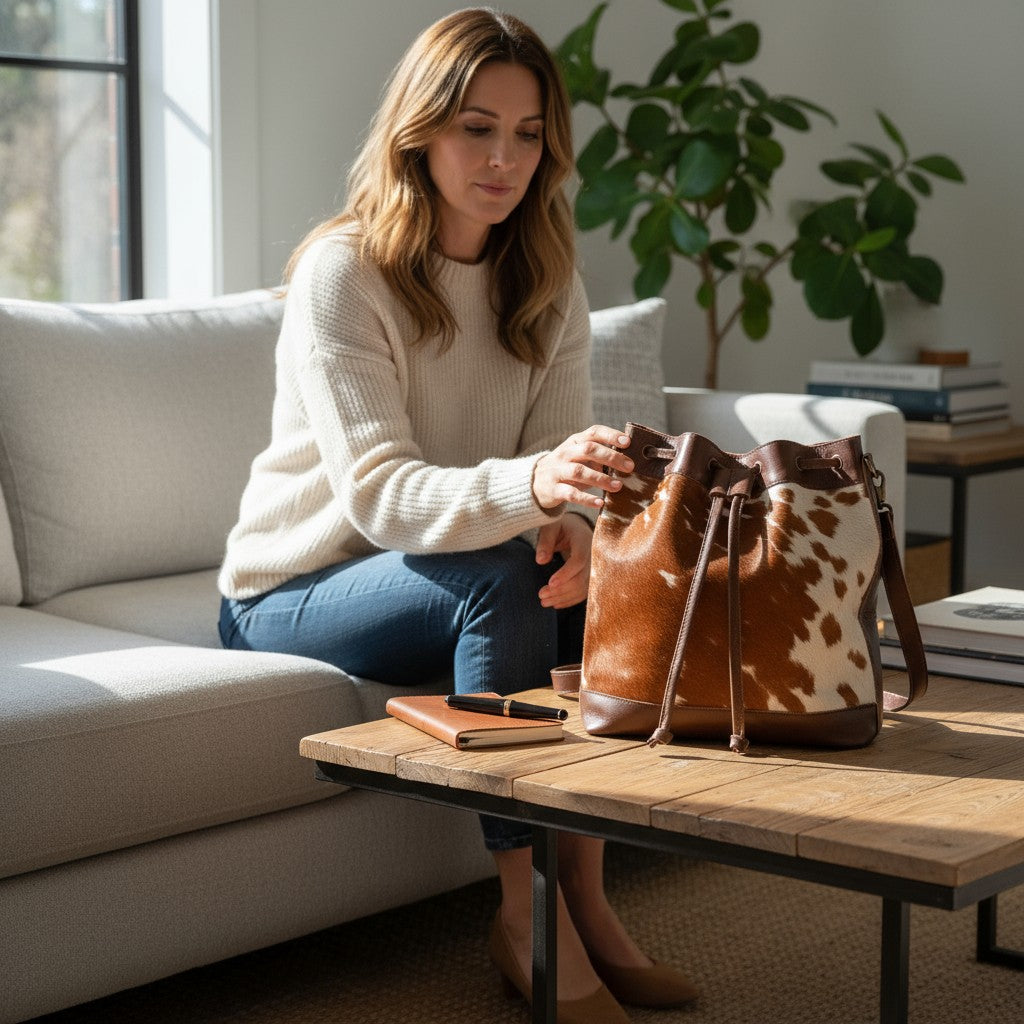 Highlands Large Cowhide Drawstring Bucket Handbag Western Bag - Ranch Junkie Mercantile LLC 