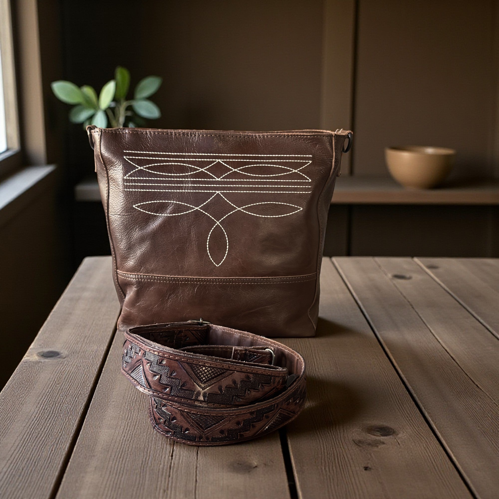 Cassidy Brown Adjustable Tooled Leather Western Bag Strap (34" to 60")