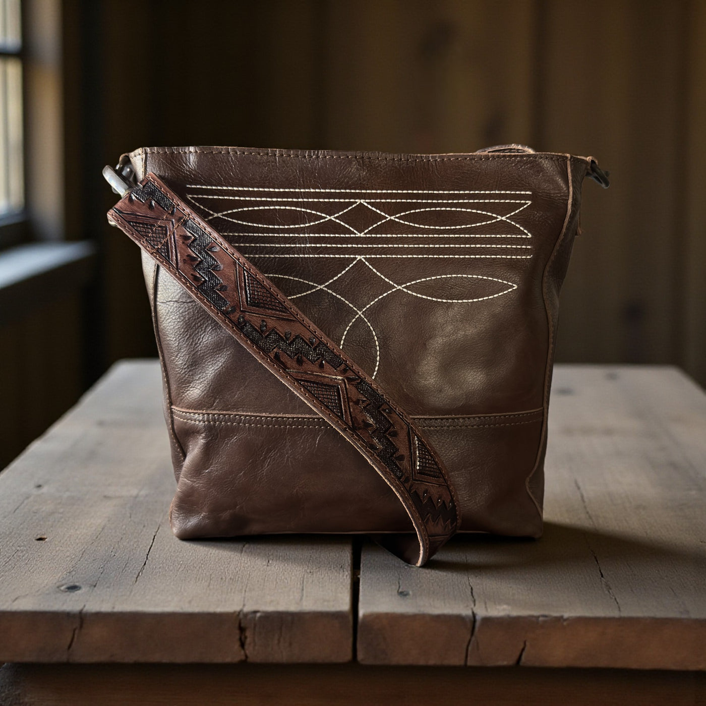 Cassidy Brown Adjustable Tooled Leather Western Bag Strap (34" to 60")