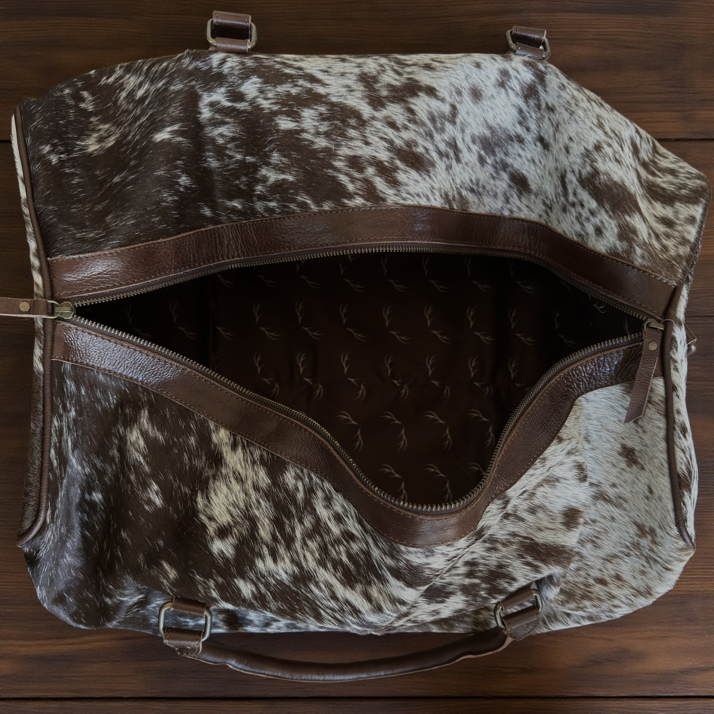 Bundle Deal Chocolate Cowhide Travel Duo – Duffel + Pouch - Ranch Junkie Mercantile LLC 
