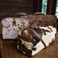 Bundle Deal Chocolate Cowhide Travel Duo – Duffel + Pouch - Ranch Junkie Mercantile LLC 