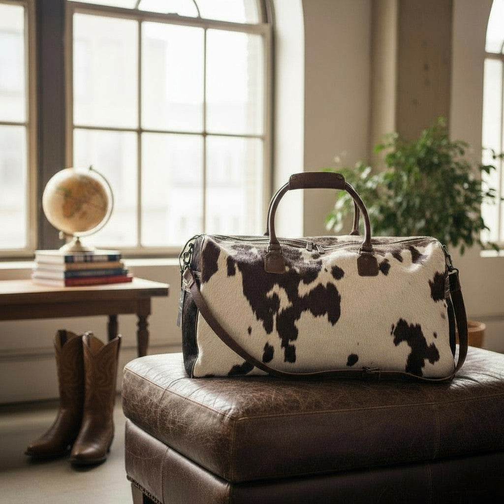 Genuine Cowhide Duffel Bag The Highlands Dark Vintage Brown Large Cowhide Duffel - Ranch Junkie Mercantile LLC 