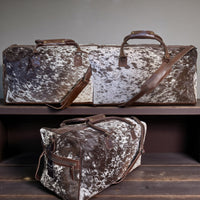 Bundle Deal Chocolate Cowhide Travel Duo – Duffel + Pouch - Ranch Junkie Mercantile LLC 