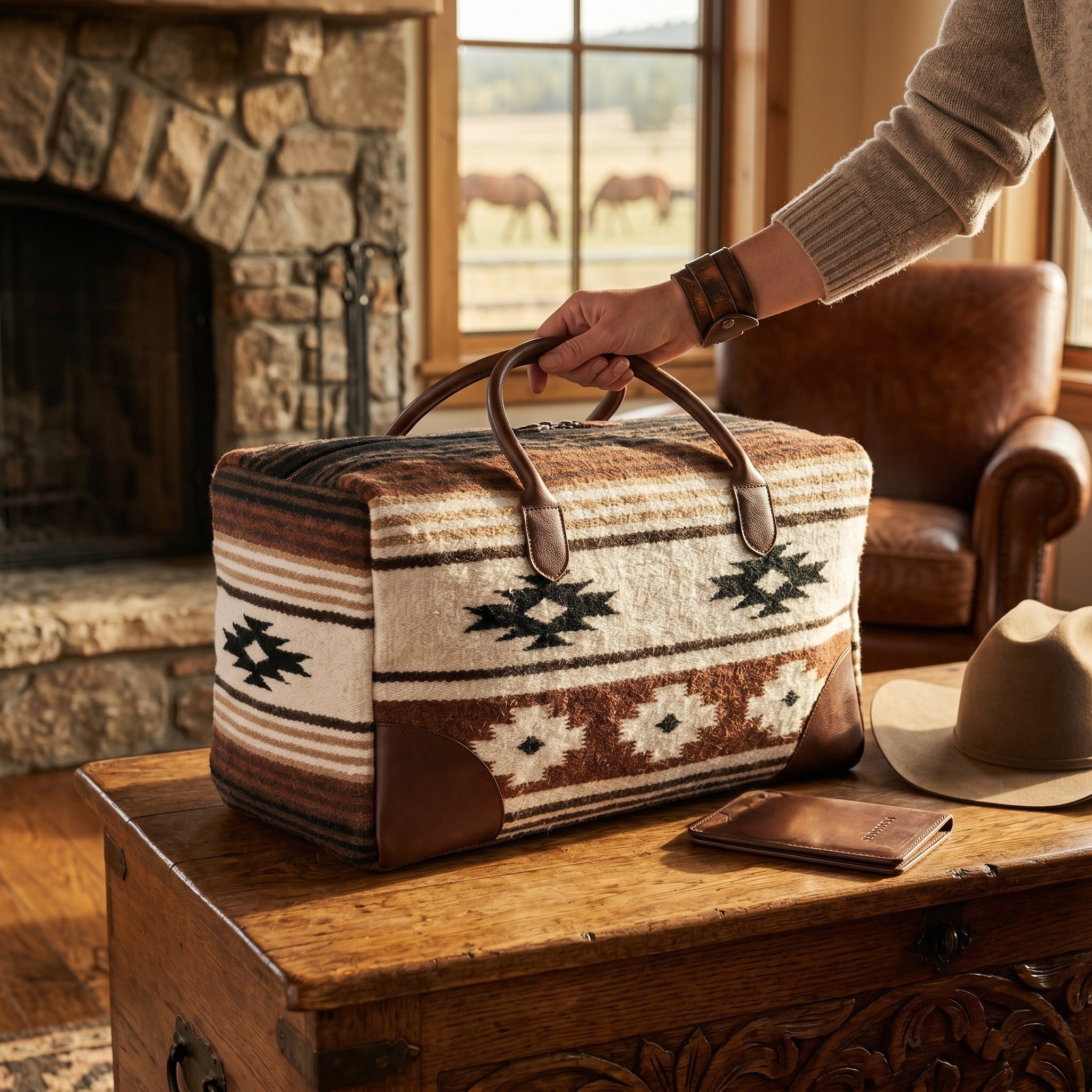 Aztec Large Weekender Southwestern Duffel Bag Coyote Ridge Saddle Blanket Bag 100% Leather Handles